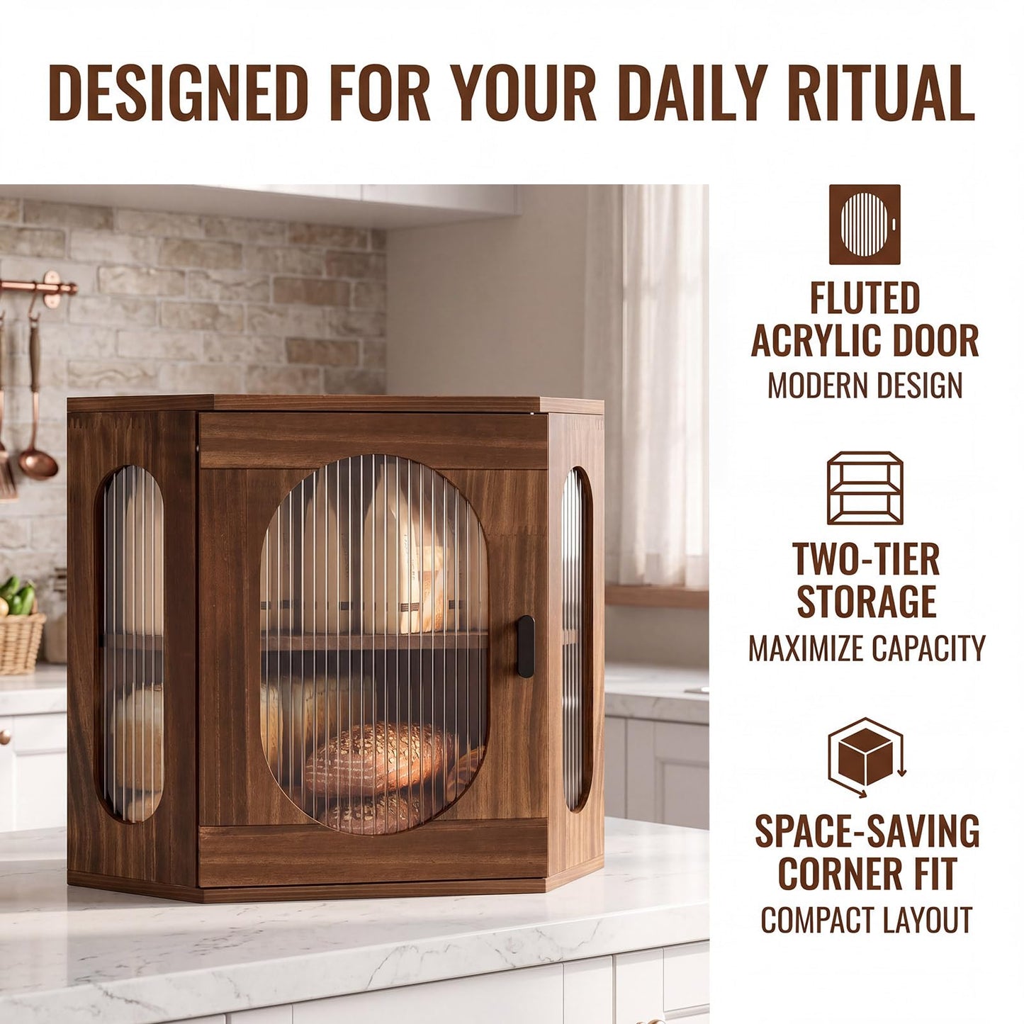 Alpeir Corner Bread Box for Kitchen Countertop, Thick Pine Wood Keep Freshness Longer, Adjustable Farmhouse Bread Storage Container with Window & Deli Papers for Homemade Bread, Baked, Retro Brown