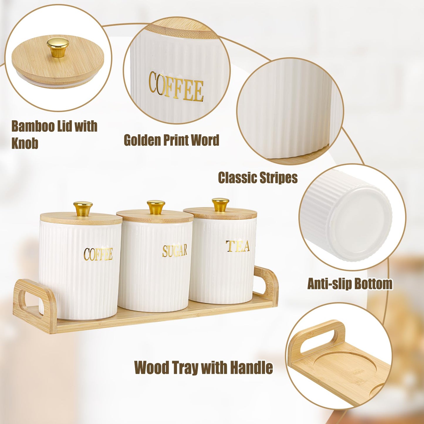 OGANAZI 3 Pack Ceramic Canister Set with Bamboo Lids and Handle Tray, Coffee Tea Sugar Container Set, White Ceramic Storage Jar Kitchen Canister for Countertop, White-Style 2