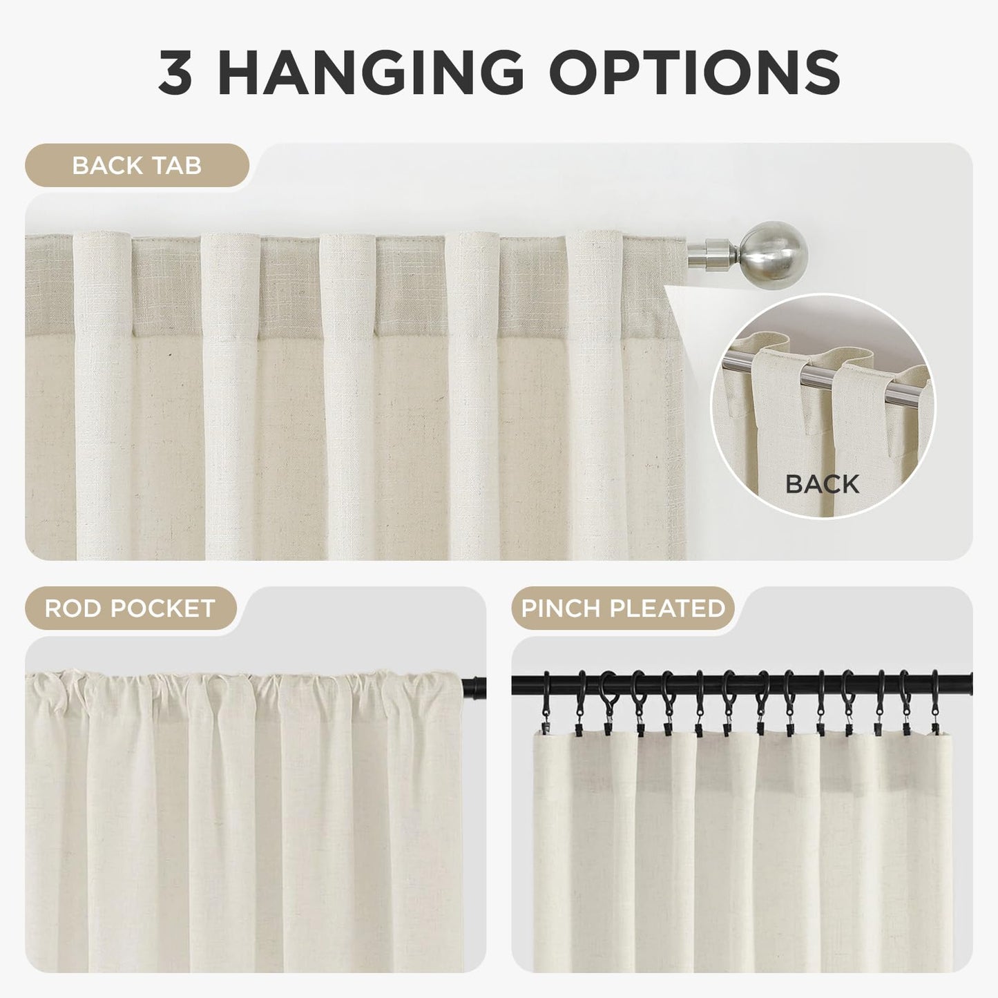 Joydeco Curtains, 108 Inches Long, 2 Panels Set, Farmhouse Drapes for Living Room, Semi-Blackout, Linen-Polyester, Ivory on Linen, Rod Pocket