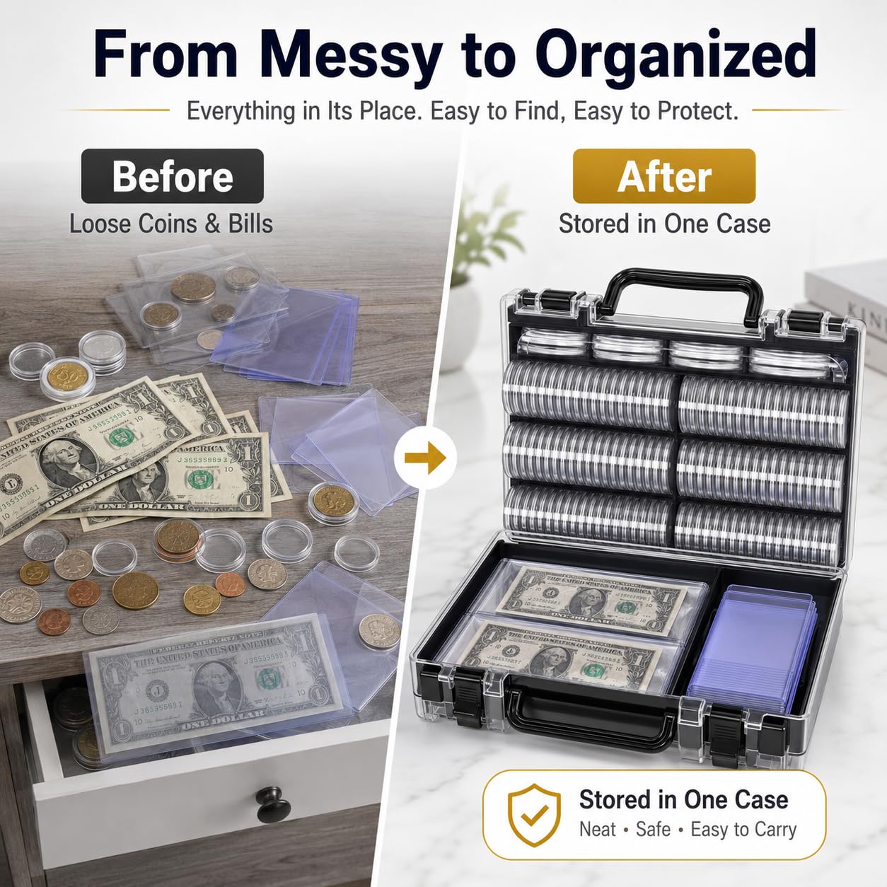 FULLCASE Coins Collector Case Holder Coin Capsules 46mm with 6 Sizes Foam Gasket (141 Pcs), Hard Paper Currency Sleeves (20 Pcs), Soft Dollar Bill Sleeves (200 Pcs) Storage Organizer Box (Black)