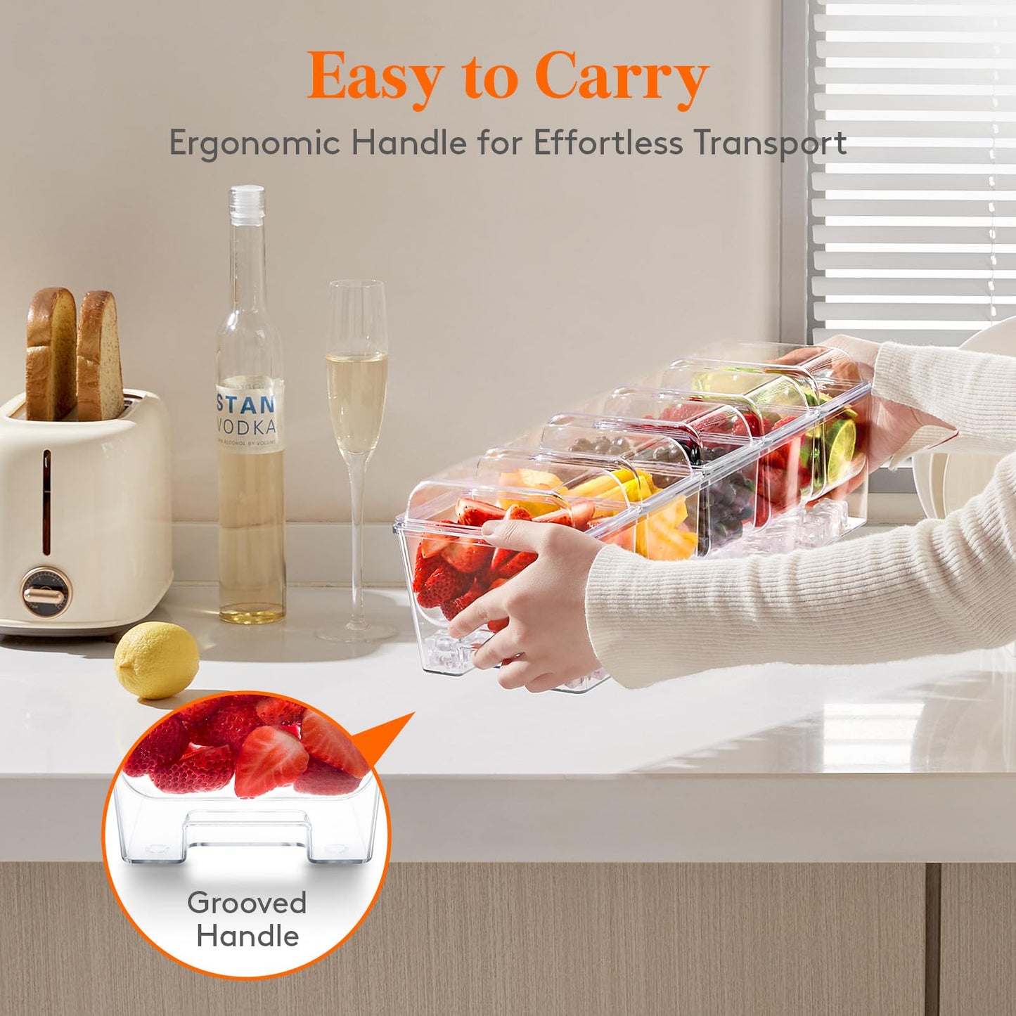 Lifewit 2 Pcs Ice Chilled Condiment Caddy with 5x 20 oz Containers, Condiment Server with Lid & Metal Accessories, Serving Tray Platter with Removable Dishes for Bar, Fruit, Salad, Taco, Party Garnish