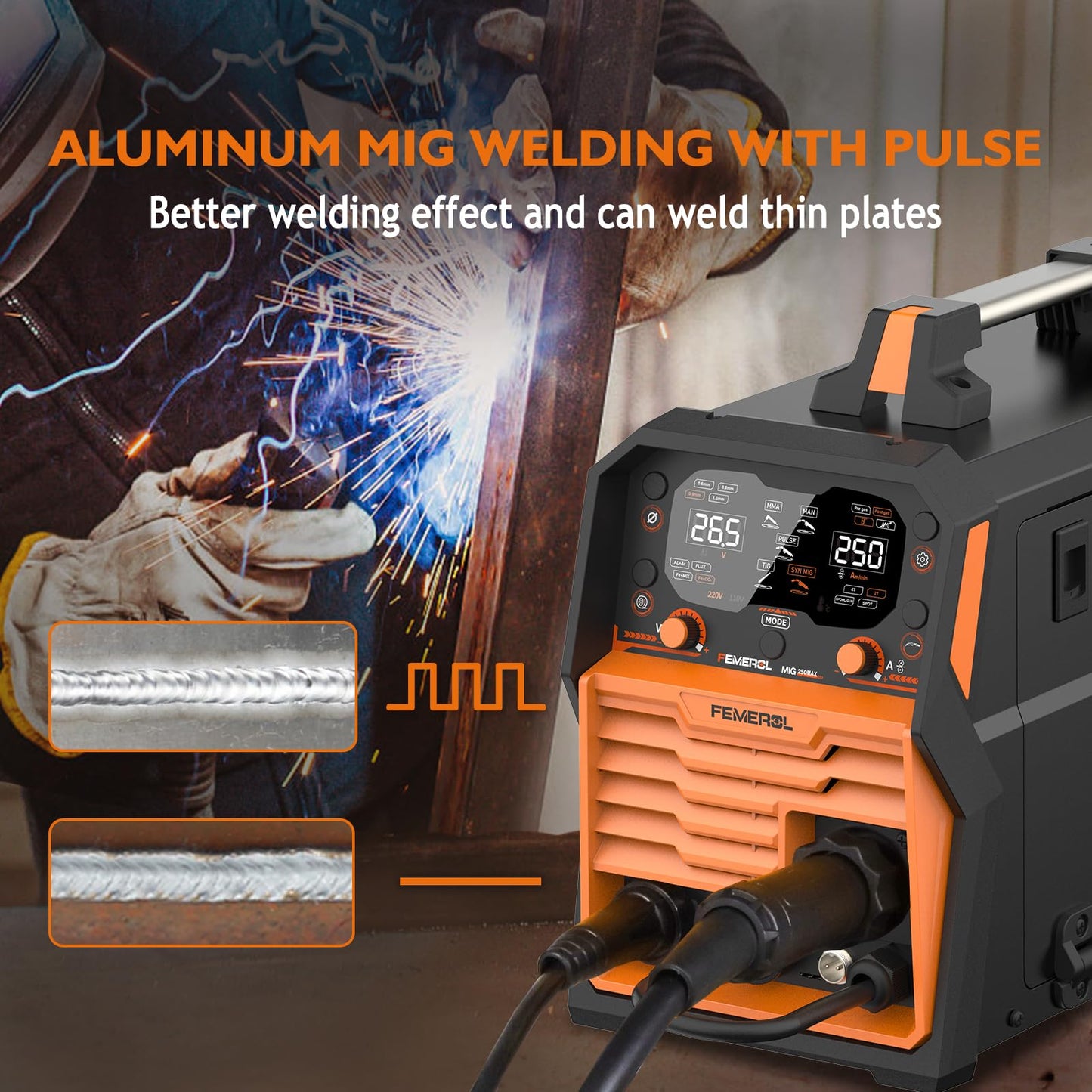 250A Aluminum Pulsed MIG Welder,7 in 1 Gas MIG/Pulse MIG/Flux Core/Stick/Lift TIG/Spot Welding/Spool Gun Compatible Aluminum Welding Machine LED Display 110V/220V Multiprocess Welder