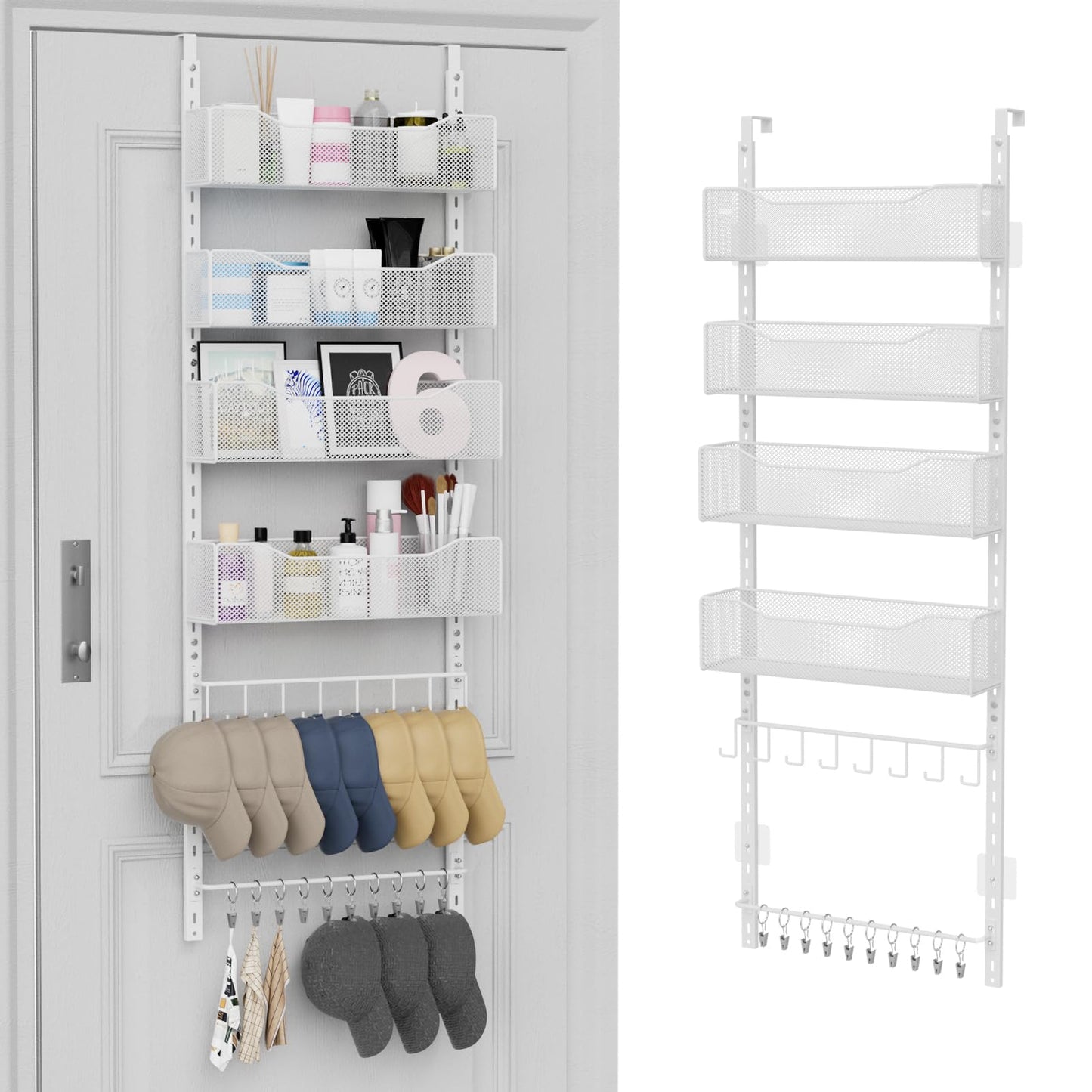 Over the Door Organizer, 2 in 1 Metal Hanging Closet Organizer & Hat Rack with 4 Adjustable Baskets, 8 Hooks, 10 Clips, Behind The Door Storage for Bedroom, Bathroom, Entrance, Closet, Kitchen, White