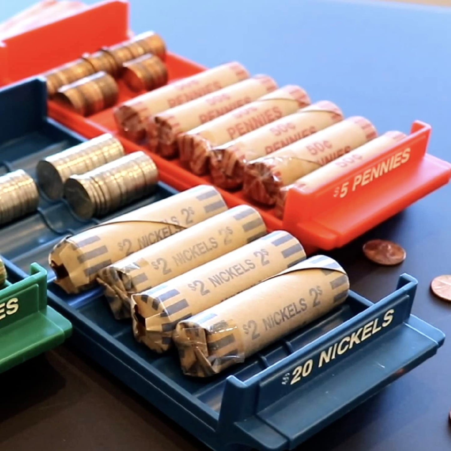 Nadex Rolled Coin Storage Organizer Tray Set with Ridges for Loose Coins | Quarters, Dimes, Nickles, and Penny Color Coded Trays