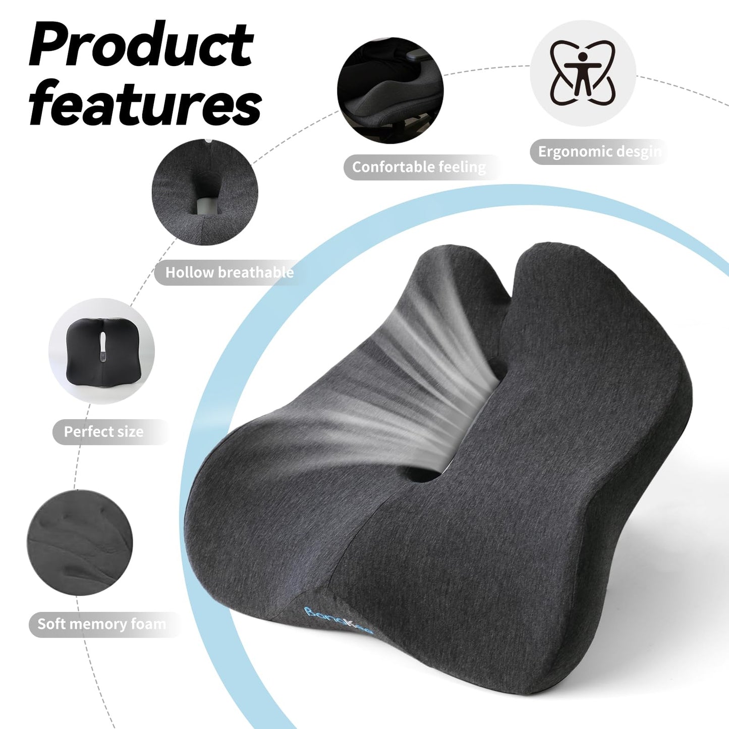 Bangkee 18x16 Inch Memory Foam Seat Cushion for Office, Travel, Car