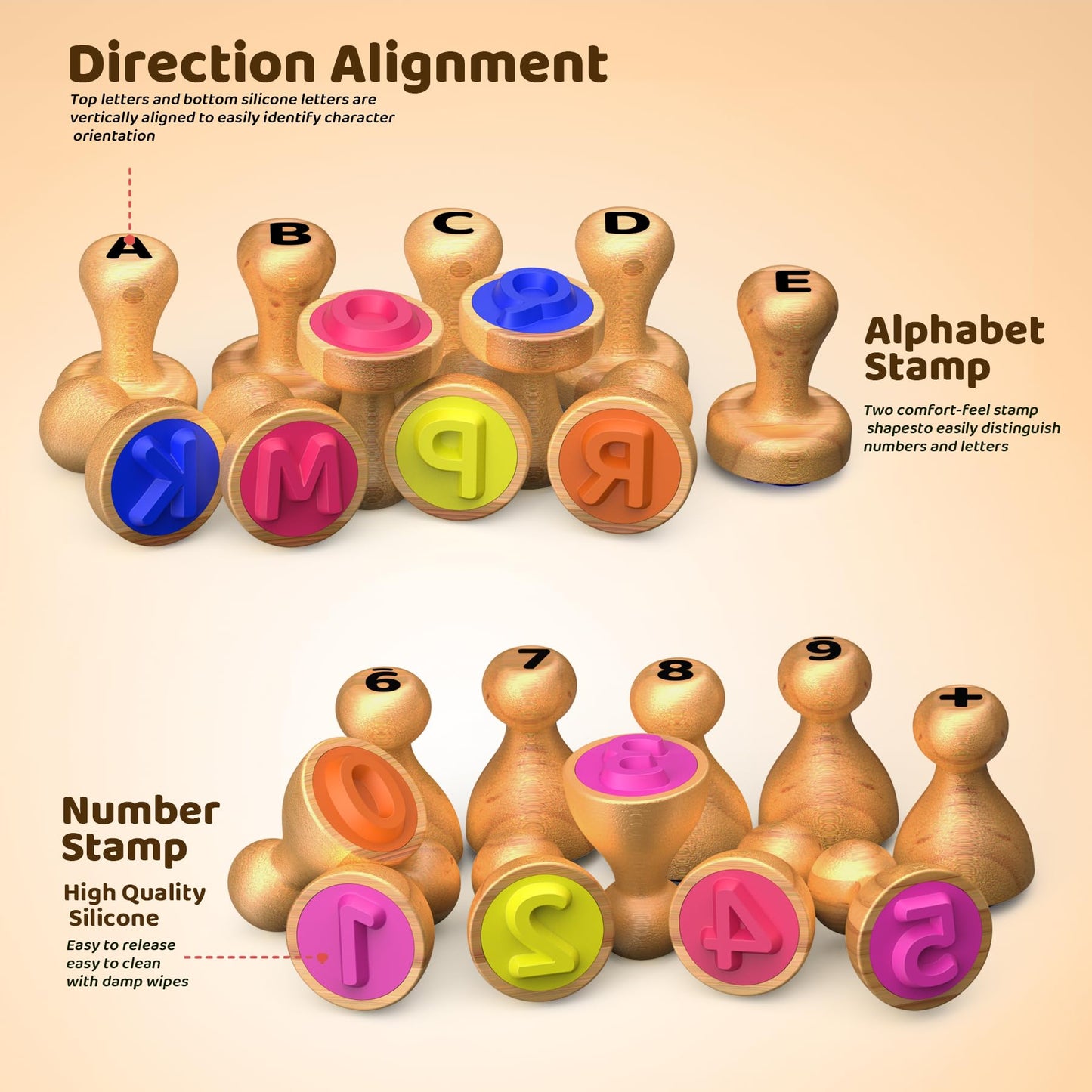 Montessori Wooden Alphabet & Number Stamps for Kids, Essential ABC 123 Learning Stampers for Ages 3-5, Preschool Homeschool Must-Haves Classroom Gift