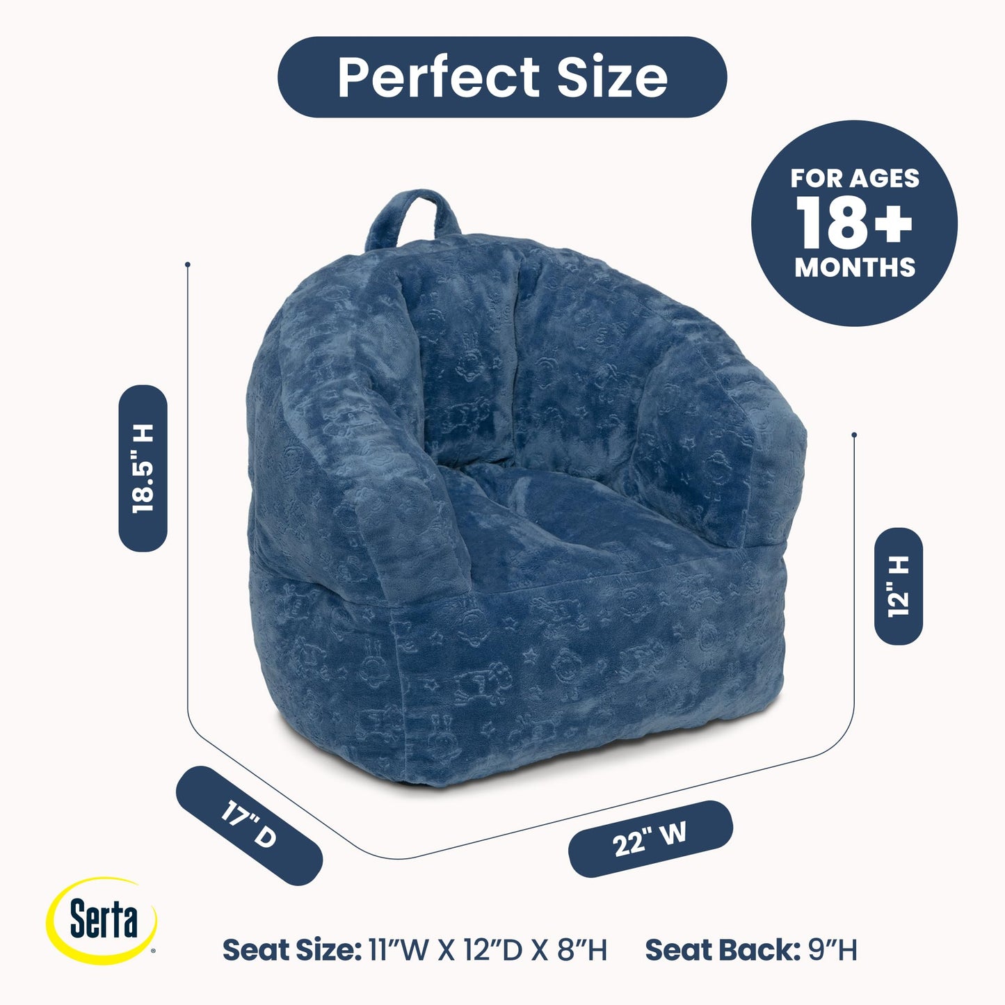Delta Children - Serta Kids Plush Barrel Toddler Chair, Soft Foam Chair Bean Bag Chair Alternative for Boys and Girls, Cozy Seat for Reading, Watching Cartoons, Playroom Nursery Bedroom, Denim Blue