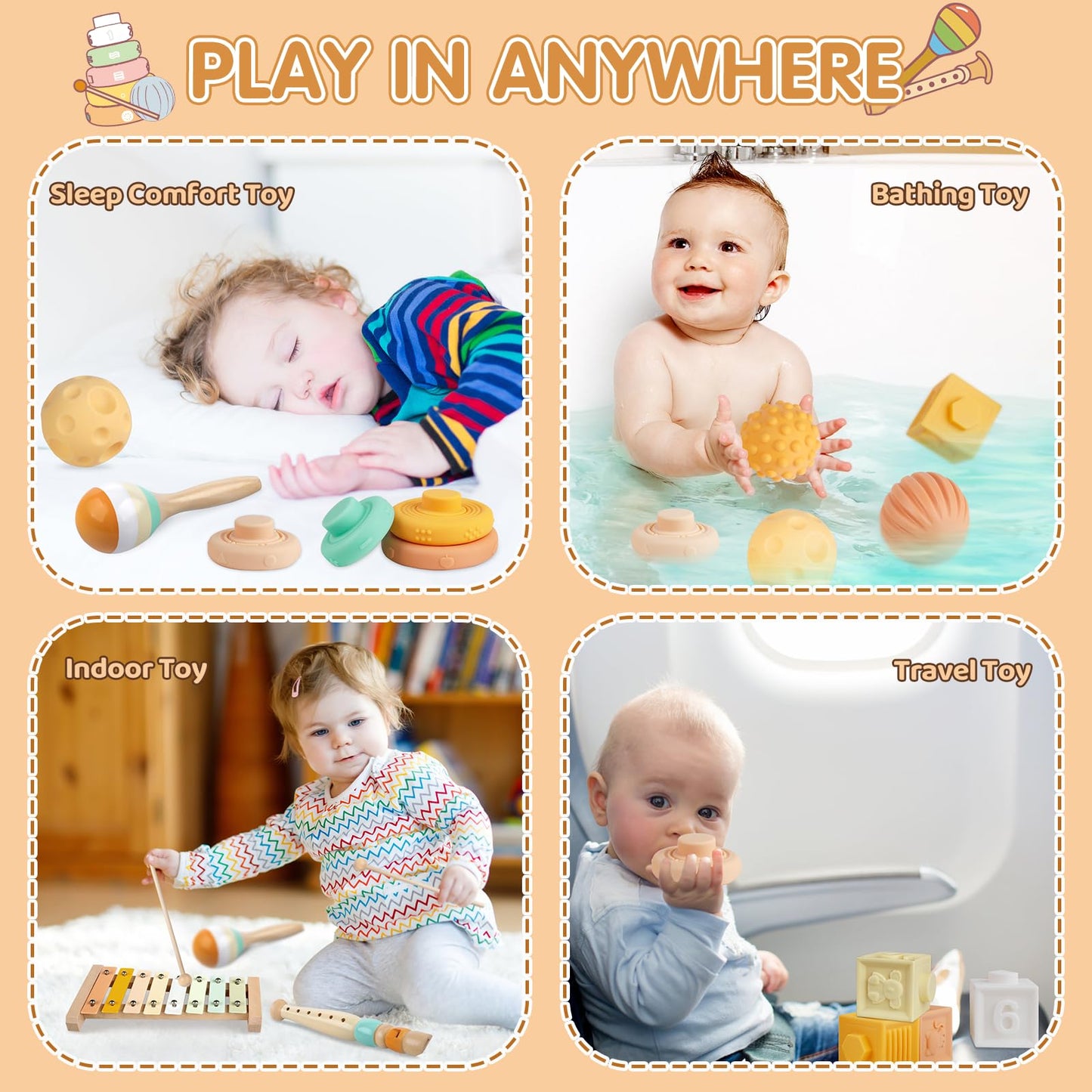 Montessori Toys 6 in 1 Musical Instruments for Toddler Stacking Blocks Development Learning Educational Toy with Wooden Xylophone Baby Birthday Gift