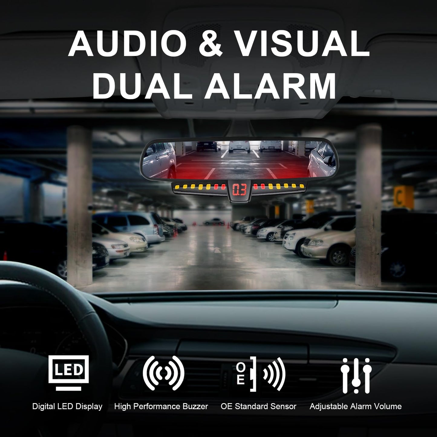 Promata PS02 Car Rear Parking Sensor Kit with Display,4 58KHz OE Standard Sensors,Auto Tow-Bar Recognition and Self Test Function,Detection Range(0~59 inch)