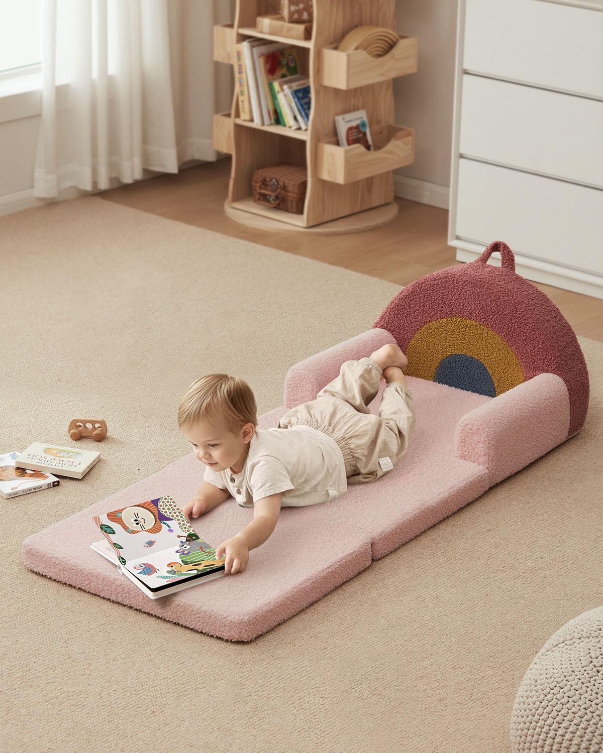 Blissful Diary Foldable Toddler Couch, 2-in-1 Comfy Toddler Chair & Lounger for Reading, Playroom, Kids Couch Sofa for Girls Boys Birthday Gift, Blush Rainbow