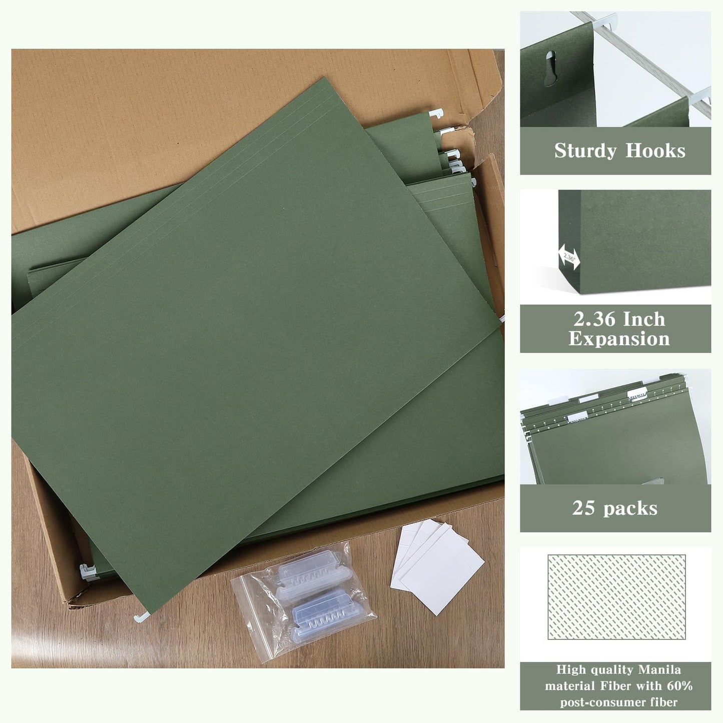 25 Pack Reinforced 12×18 Hanging File Folders 1/5 Cut Heavy Duty Hanging File Folders with Plastic Tabs & Label Cards Expanding Hangers File Organizer for 11×17 Paper Engineering Document (Green)