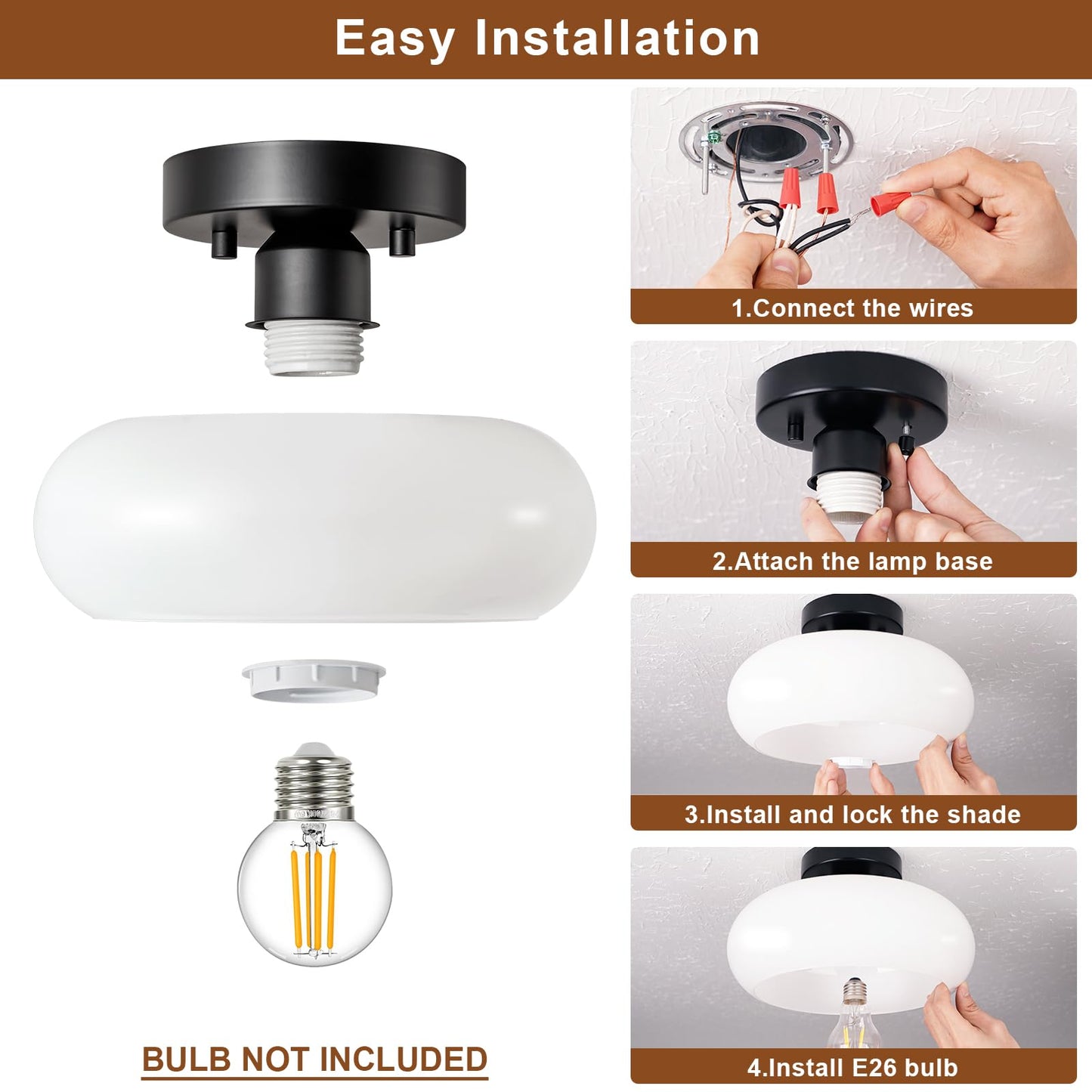 WOKNOS Mid-Century Modern Semi Flush Mount Ceiling Light, Metal Kitchen Light Fixture with Glass Shade,Vintage White and Black Colse to Ceiling Lamp for Entryway Hallway Bathroom (11.0 Inch)