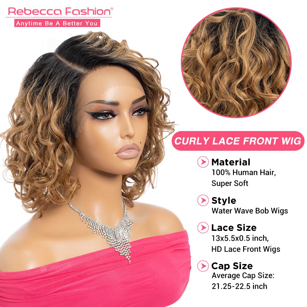Rebecca Fashion Water Wave Bob Lace Front Wigs Human Hair 13x5.5x0.5 Large C Part Side Lace Front Wigs for Women 100% Brazilian Virgin Human Hair (12inch, Ombre Natural Color to Honey Blonde Color)