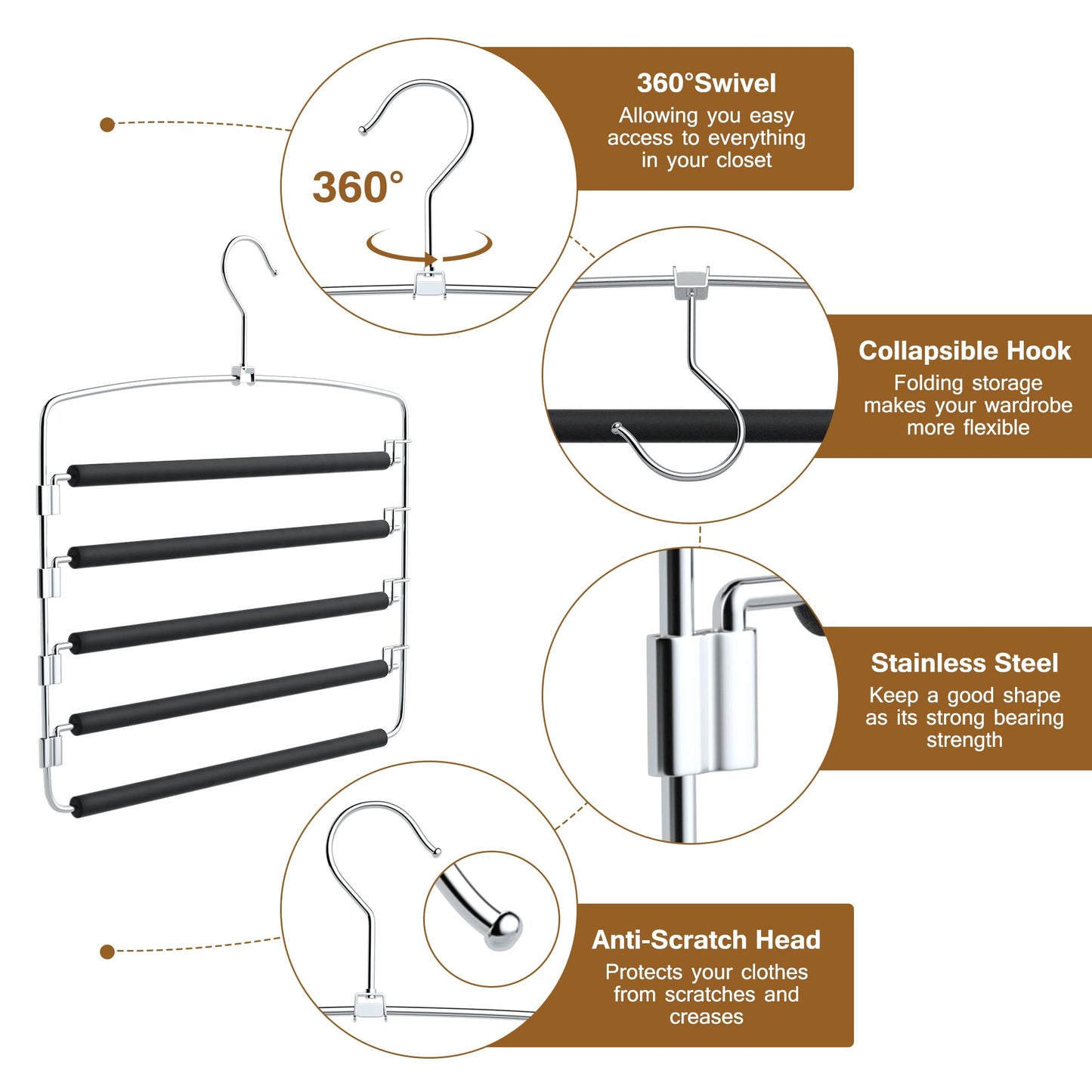 Cycleacc Pants Hangers, 6 Pack Anti-Slip Space Saving Hangers, 5 Layer Swing Arm Pants Hanger Stainless Steel with Non-Slip Padding, Closet Organizers & Storage for Pants Trousers Jeans Scarf