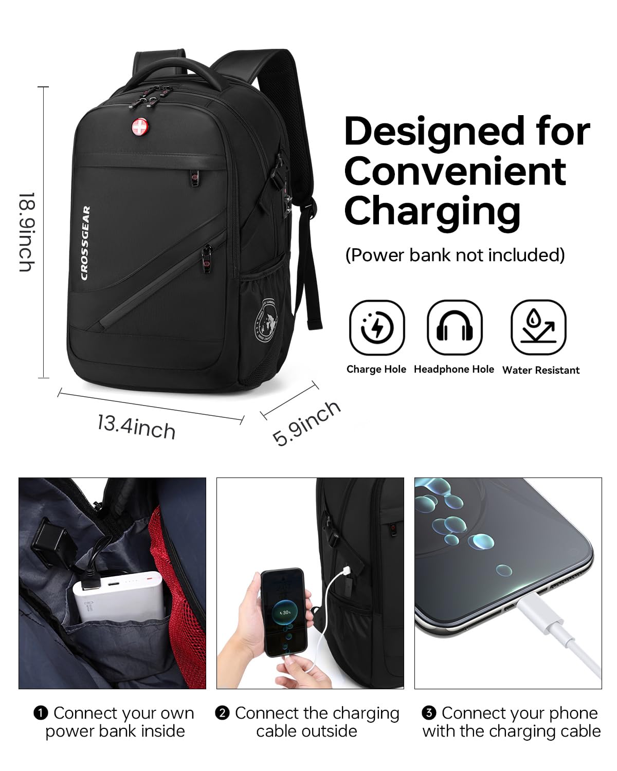 CROSSGEAR 17.3 inch Laptop Backpack for Men Women with Anti-Theft Lock, 30L Backpack for Travel with USB Charging Port, Water-Resistant Business Computer Backpack for Men Work College,Black
