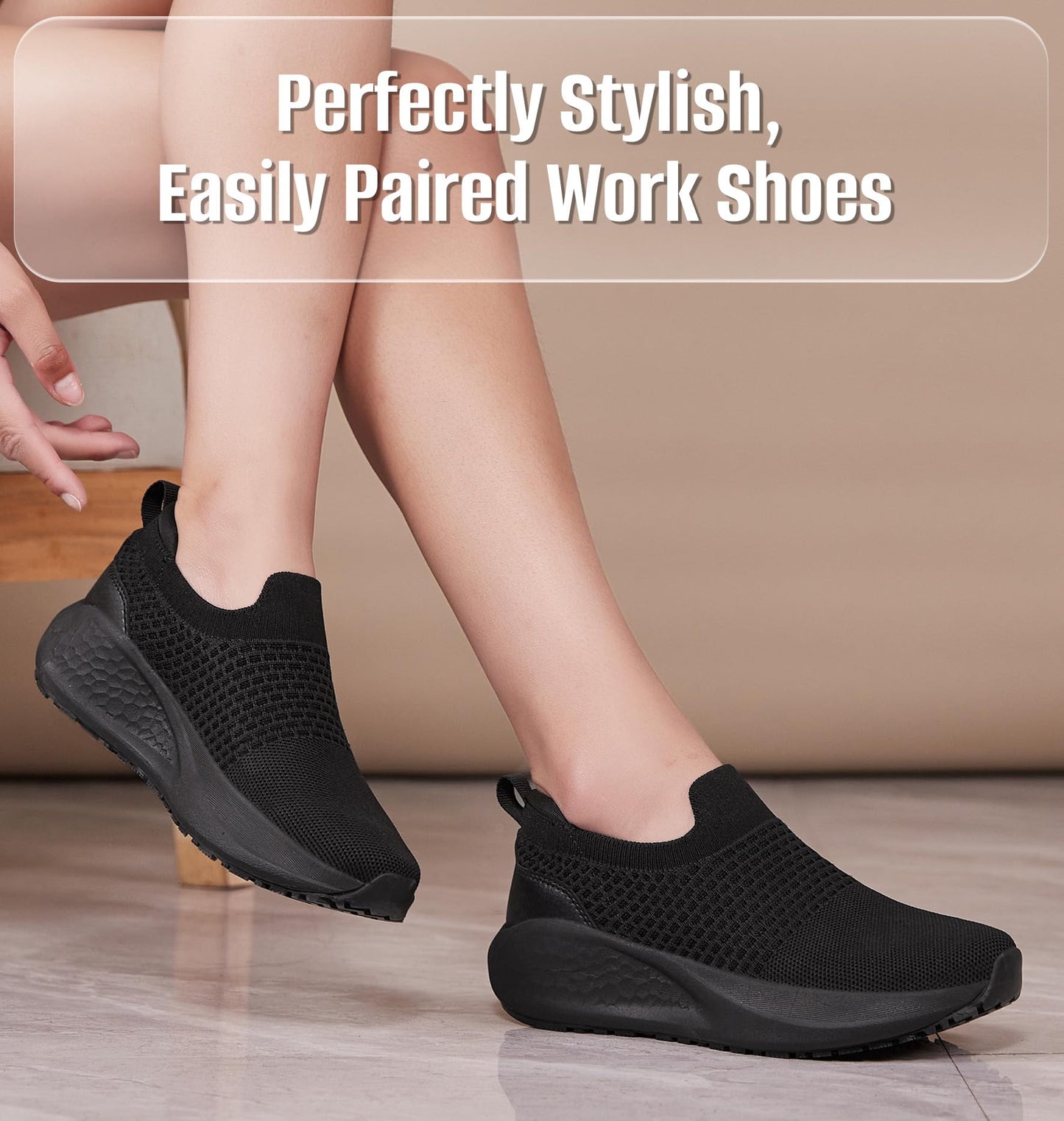 SHULOOK Non Slip Work Shoes for Women Slip Resistant Sneakers Mesh Slip On Food Service Shoes Chef Kitchen Restaurant Lightweight Comfortable Sock Shoes Black Size 8