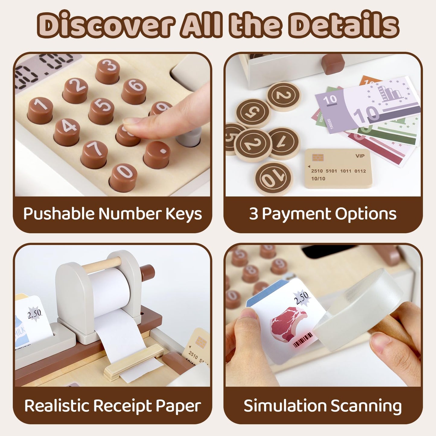 Cash Register Toy for Kids Play Money Birthday Gift for Toddler 3 4 5 Year Old Girls Boys with Scanner Pretend Play Toddler Toys Store Educational Preschool Toys with Wooden Coins Prop Money