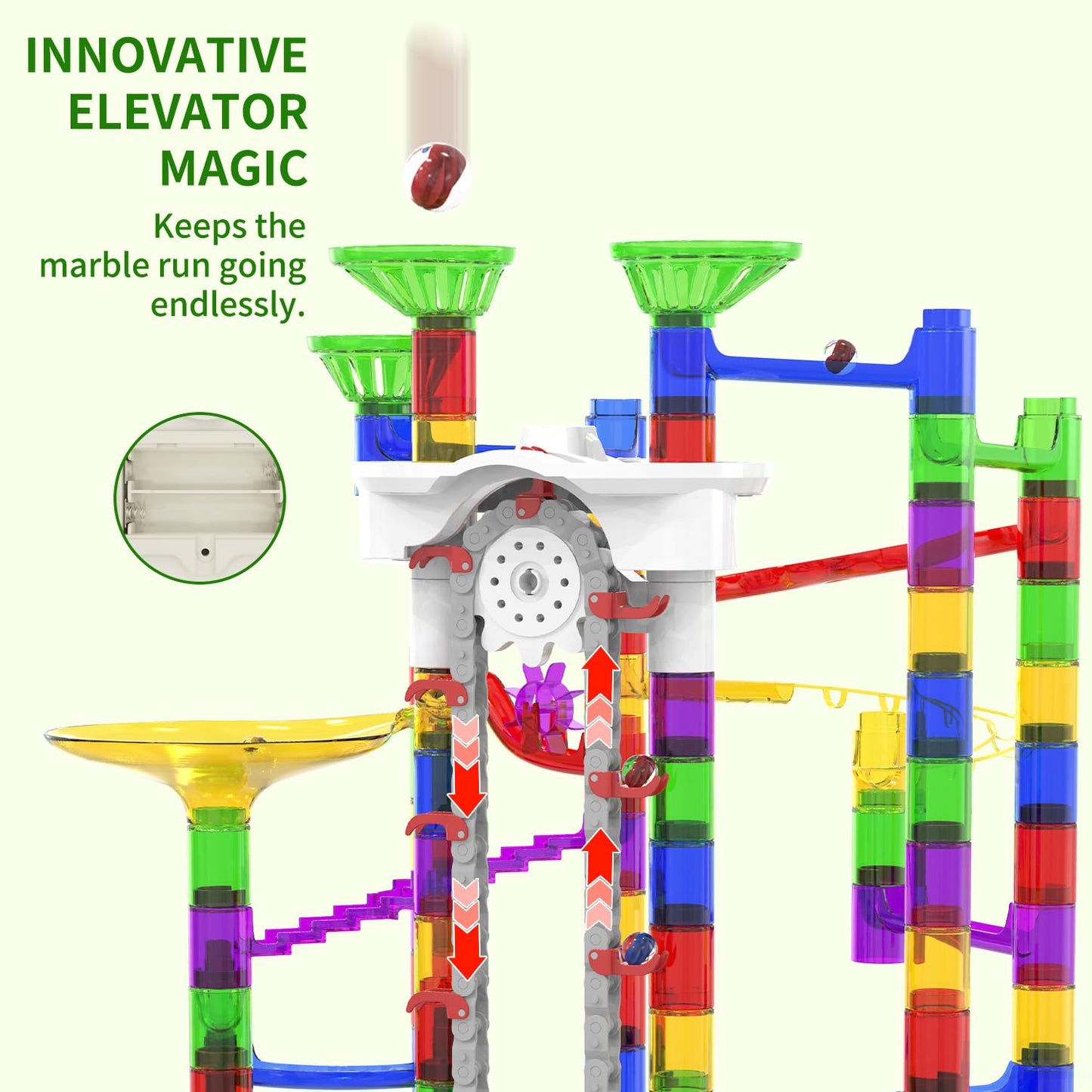 KERUVOTA Big Elevator Marble Run - Construction Building Blocks Toys 220Pcs Marble Race Track with Marbles, Easter STEM Gifts Mrble Runs for Kids 3-5 4-8 8-12 (A-Colorful)