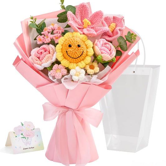Faylifeway Crochet Flower Bouquet,Handmade Knitted Flowers,Pink Crochet Sunflower Bouquet,Unique Gift for Her Mom Wife Women, Mothers Day Birthday Anniversary Graduation Gifts(Include Card)
