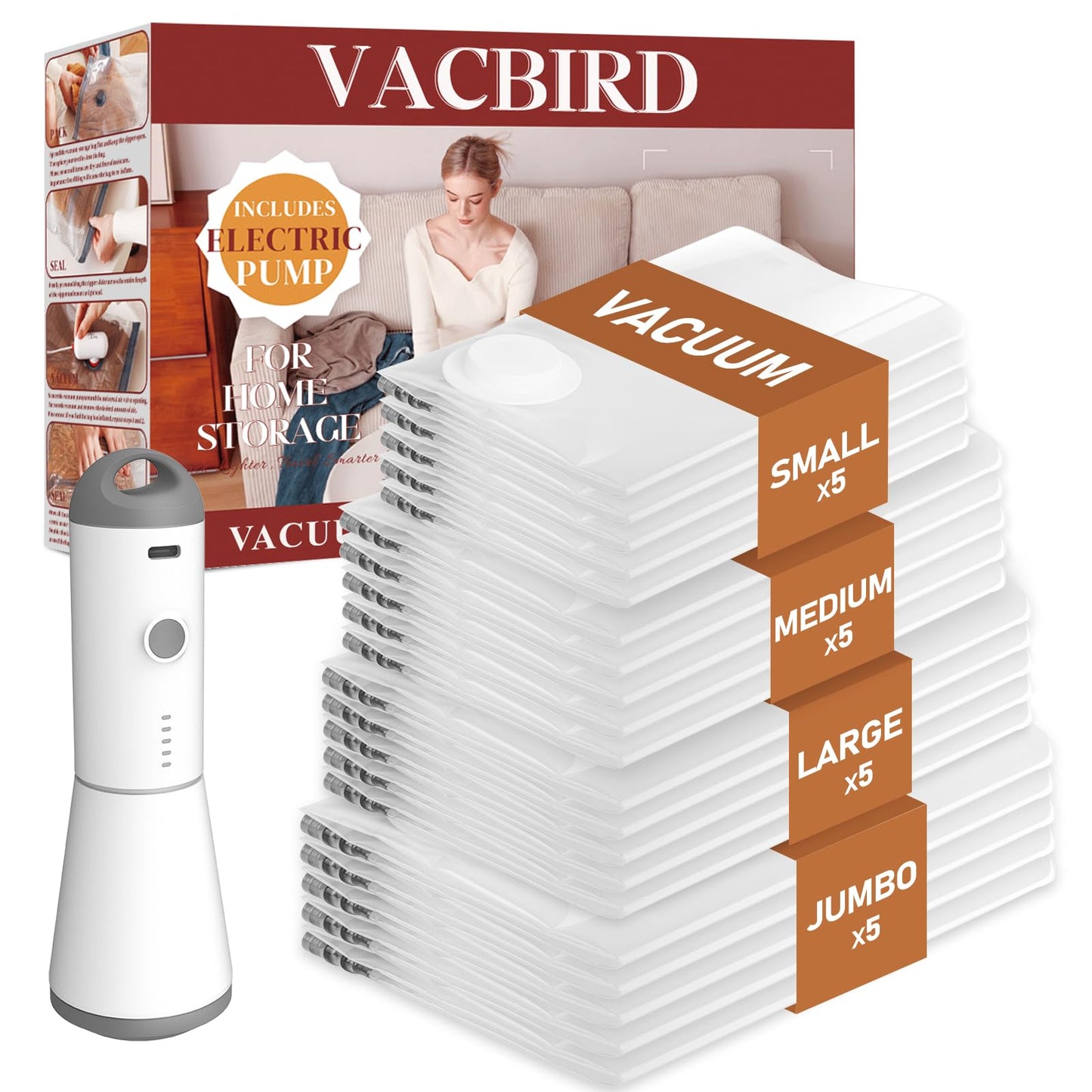 Vacbird Vacuum Seal Bags for Clothing, 20 Pack Vacuum Storage Bags with Rechargeable Cordless Air Pump(5J+5L+5M+5S), Space Saver Bags for Clothes Blanket Duvets Pillows Comforters Travel
