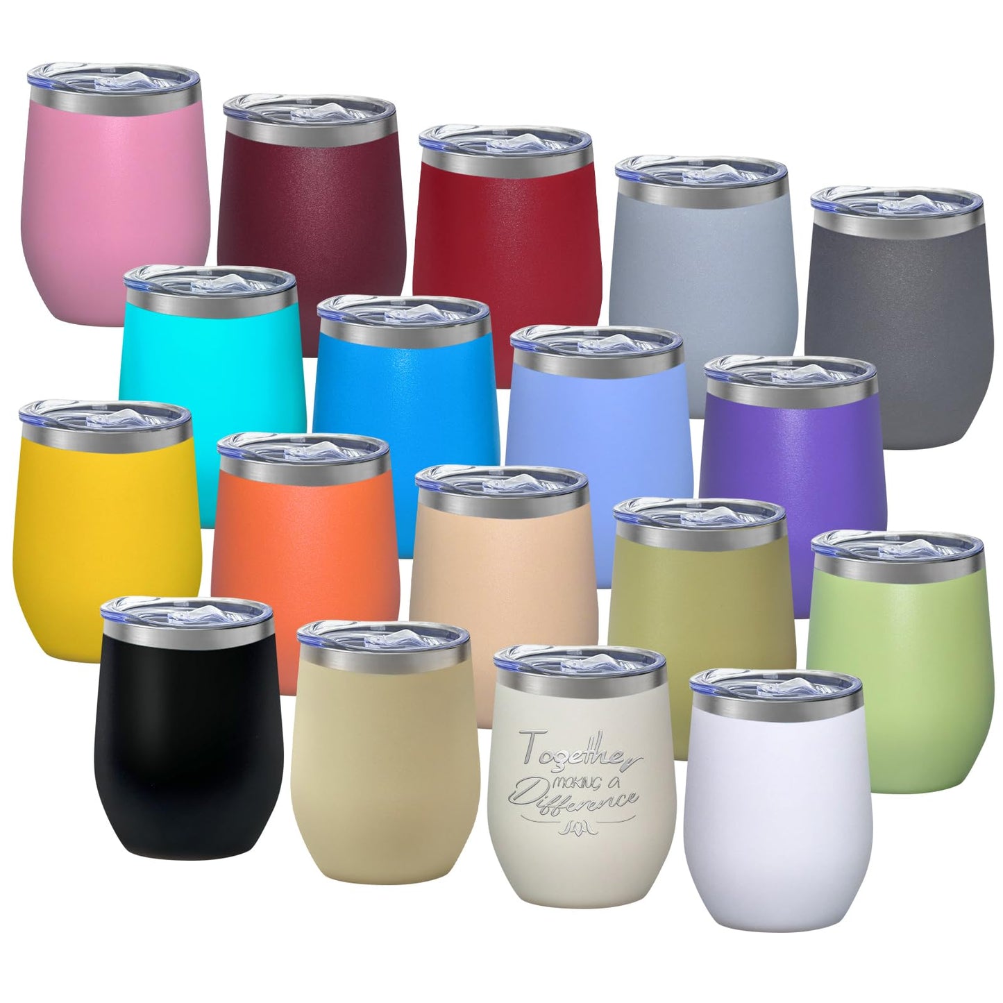 18 Pack Stainless Steel Wine Tumbler with lid, 12oz Insulated Powder Coated Wine Tumbler Stemless Double Wall Vacuum Wine Glass Coffee Tumbler Bulk Laser Engrave, DIY Gift, 18 Colors