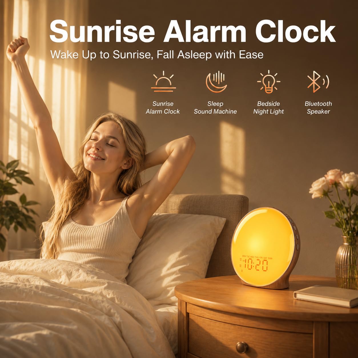 JALL Full-Screen Wake Up Light Sunrise Alarm Clocks for Bedrooms, White Noise Machine for Heavy Sleepers & Kids, 25 Natural Sounds, Dual Alarms, FM Radio, 17 Dimmable Colors, Bluetooth Speaker