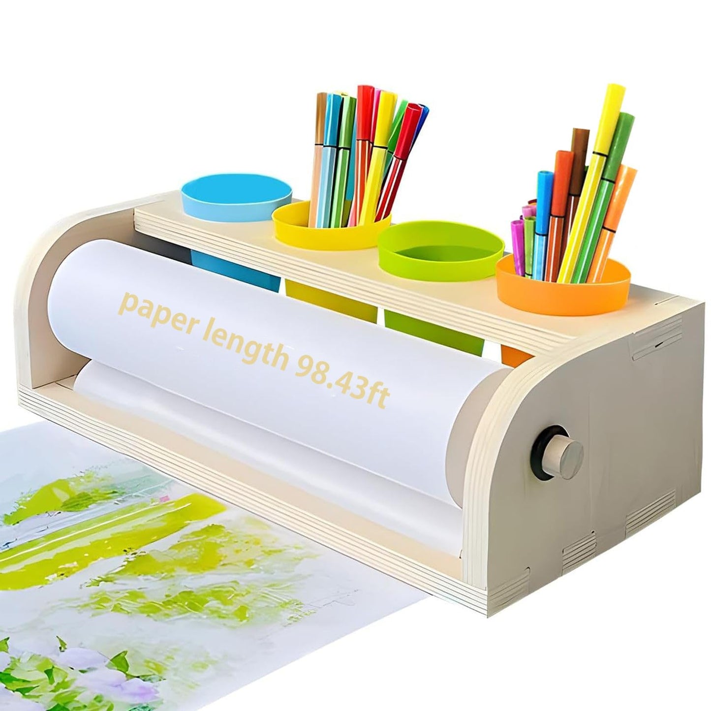 XDONEF Wooden Tabletop Paper Roll Dispenser with Roll 11.4inx98.4ft and Pencil Cups Craft Art Paper Roll Holder for Kids Desktop Easel for Drawing Painting Home Classroom