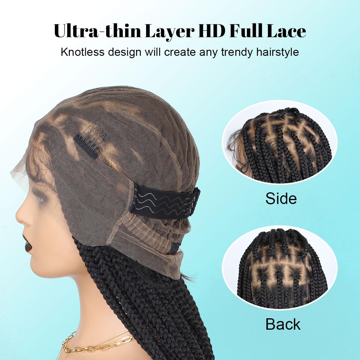 QUISDUIS 36 Inch Full Lace Braided Wigs for Black Women, 360° HD Single-layer Square Knotless Box Braid Wig with Baby Hair Handmade Synthetic Hair Blended Lace Front Wig Natural Black