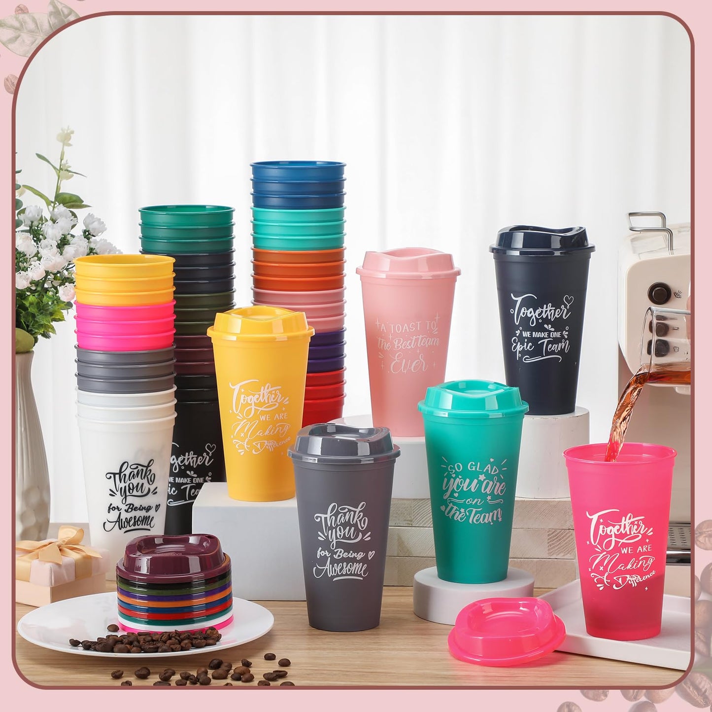 Pickmesh 60 Pcs Employee Appreciation Gift Thank You Gift for Team Building Gifts 16 oz Plastic Coffee Cup with Lid Inspirational Tumbler Travel Mug for Coworker Staff Teacher Group (Colorful)