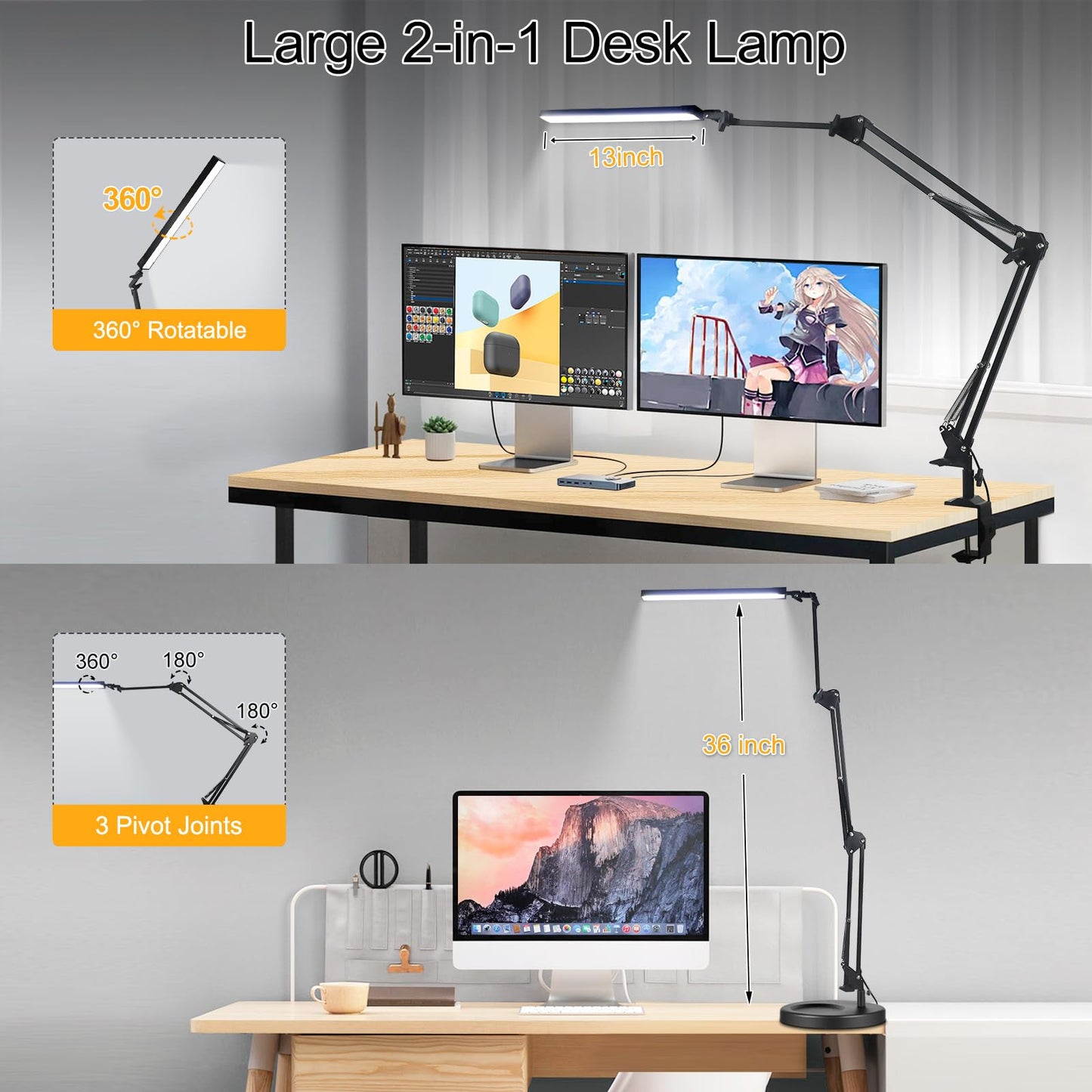 NOEVSBIG LED Desk Lamp with Clamp,2-in-1 Clamp on Desk Lamp with Base,50.7" Adjustable Swing Arm Architect Desk Lamp,Memory Function Desk Lights for Home Office,Workbench,Reading,Craft,Drafting