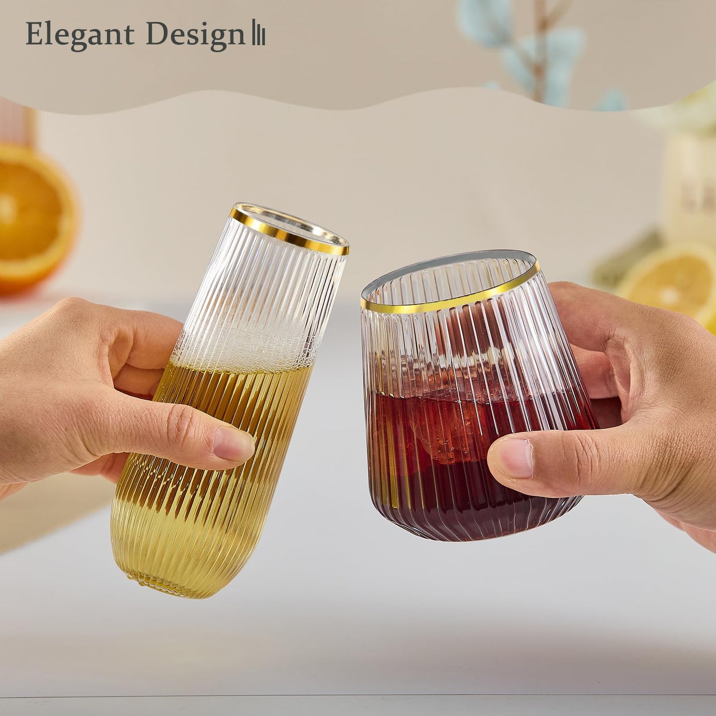 Lueumxc 56 Pack Plastic Wine Glasses Disposable Ribbed gold Champagne Flutes, 32 Pcs 9 OZ Stemless Champagne Flutes & 24 Pcs 14 OZ Disposable Wine Glasses, BPA-Free