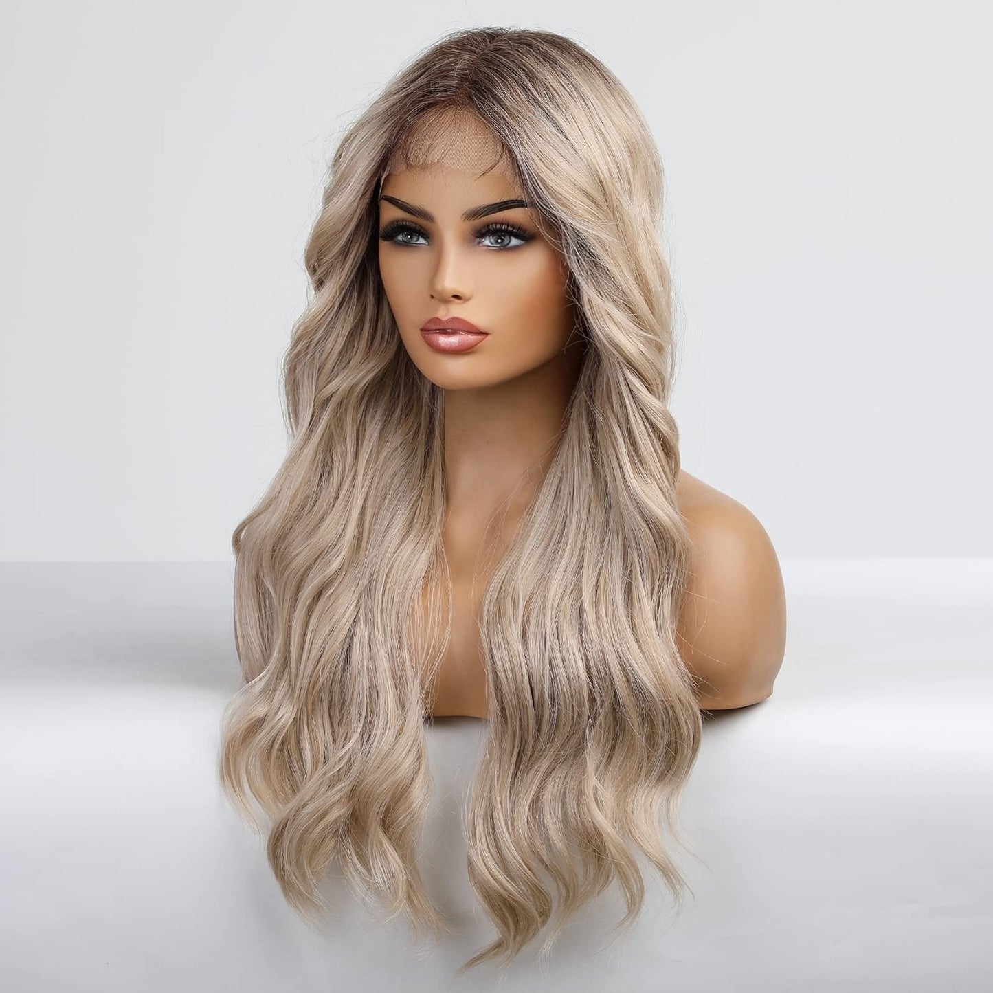 EMMOR Blonde Lace Front Wig Wave Middle Part Wig Hand Tied Baby Hair Heat Resistant Synthetic Wig