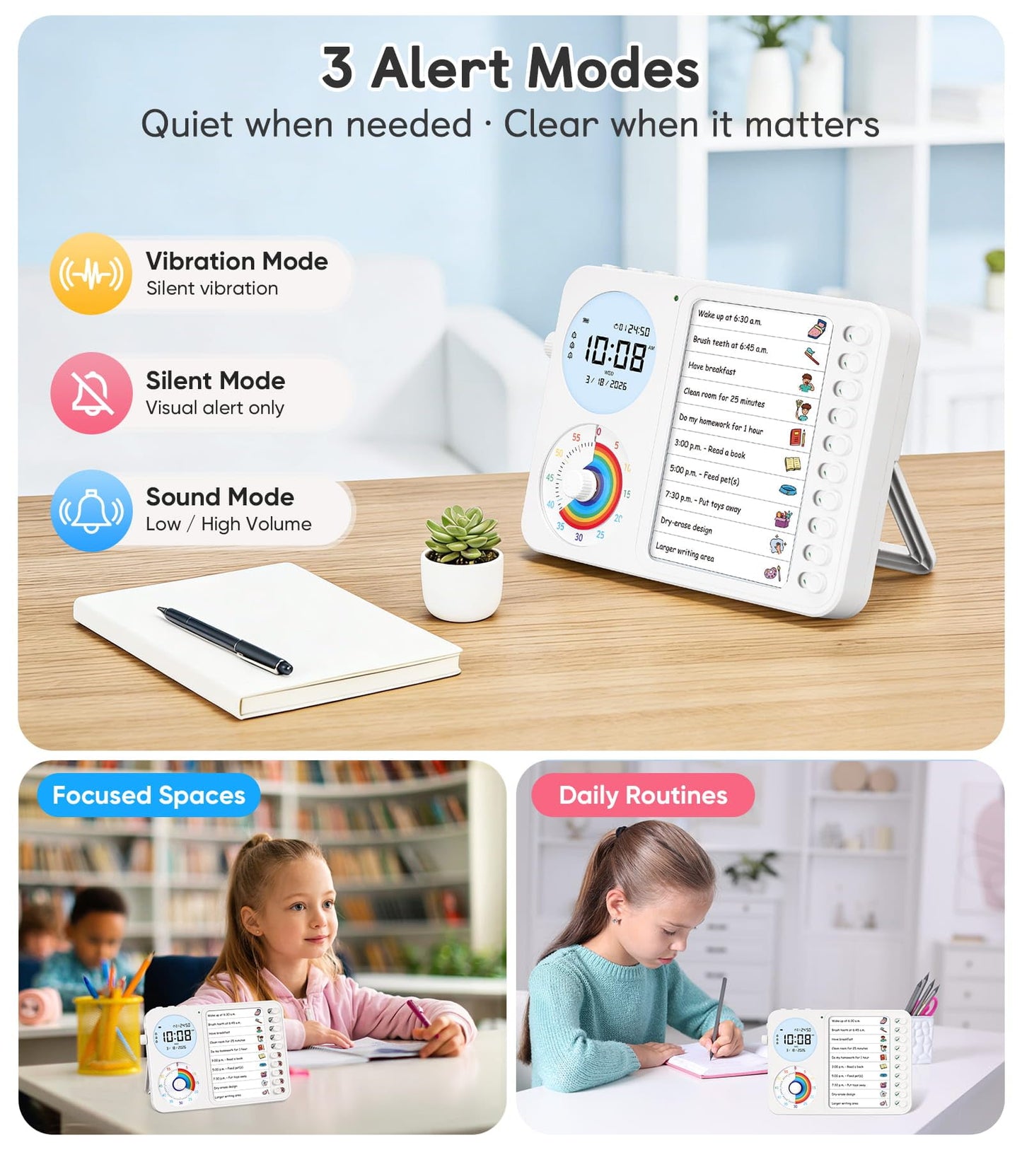 3-in-1 Visual Timer & ADHD Tool for Kids – ADHD Task Timer for Adults with Visual Schedule, Chore Chart & Planning Board for Home, School, Classroom, Work (White)
