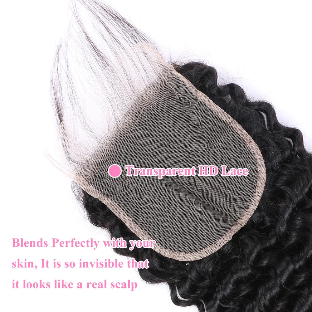 5x5 HD Lace Deep Wave Ultra-thin Transparent Lace Closure 12A Brazilian Virgin Human Hair Closure Free Part Pre Plucked with Baby Hair Natural Black 16 Inch
