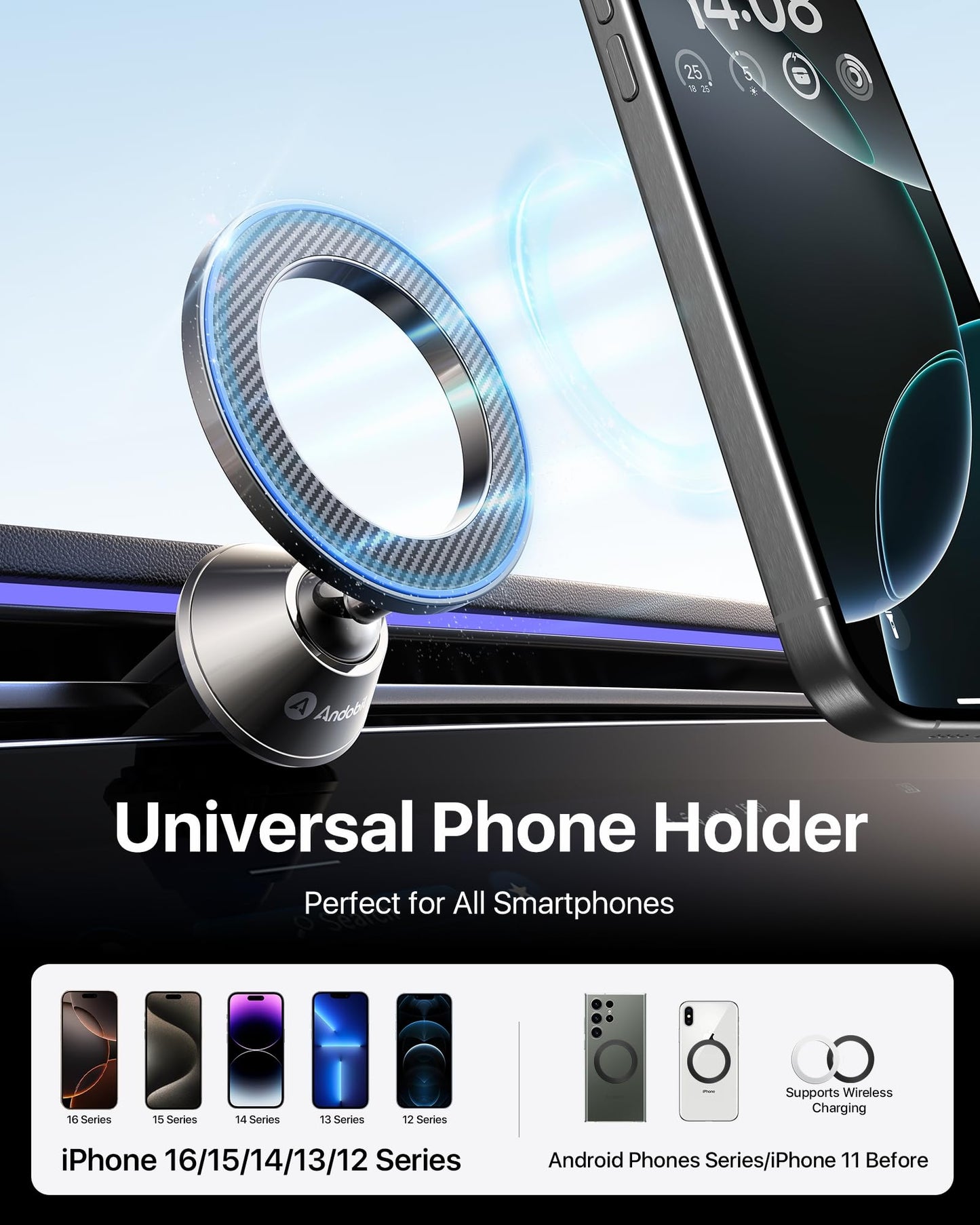 andobil for Magsafe Car Mount [Strongest Magnet, Easy Installation] All Metal Magnetic Cell Phone Holder Car, 360° Air Vent Car Phone Mount, Fits for iPhone 16 Pro Max 15 14 13 12, and MagSafe Cases
