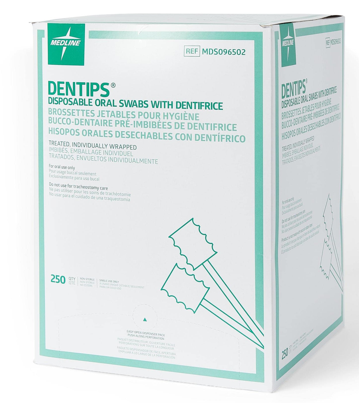 Medline Dentips Disposable Oral Swabsticks, Adult Mint Dentifrice-Treated, Green, 250 Count