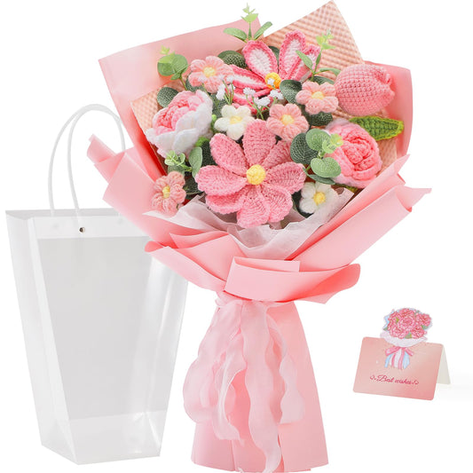 Alecono Crochet Flower Bouquet, Pink Knitted Flowers, Crochet Tulip Galsang Flower for Lover Anniversary Birthday Party Mother's Day Graduation Gifts (Include Card)