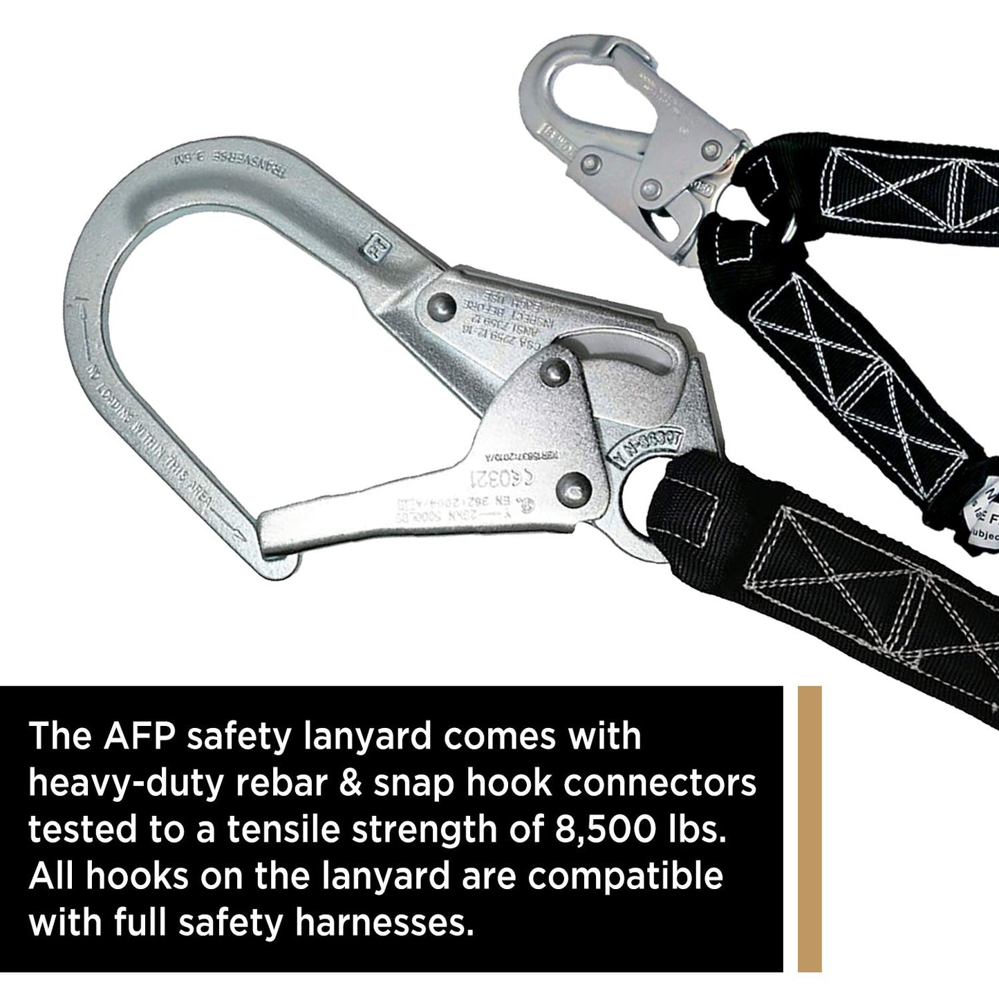 AFP 6FT Double Leg Internal Shock Absorbing Safety Fall Protection Lanyard with Dual Pelican Rebar & Snap Hook |Heavy-Duty Webbing | OSHA & ANSI Rated (Steel)