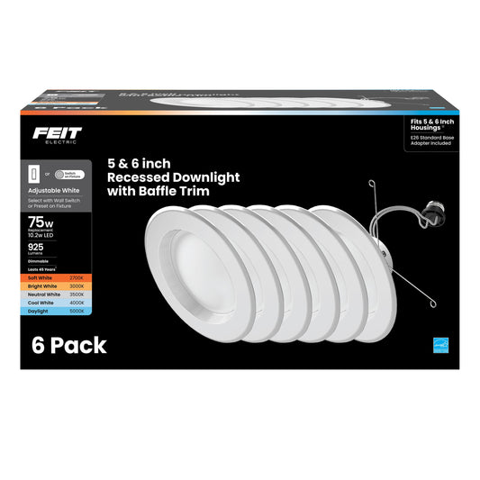 Feit Electric LED Recessed Light Retrofit Kit - 5/6 in Dimmable with Baffle Trim, 75W Equivalent, Adjustable White 2700K–5000K, 90+ CRI, for Living, Bathroom, Dining & Kitchen Room