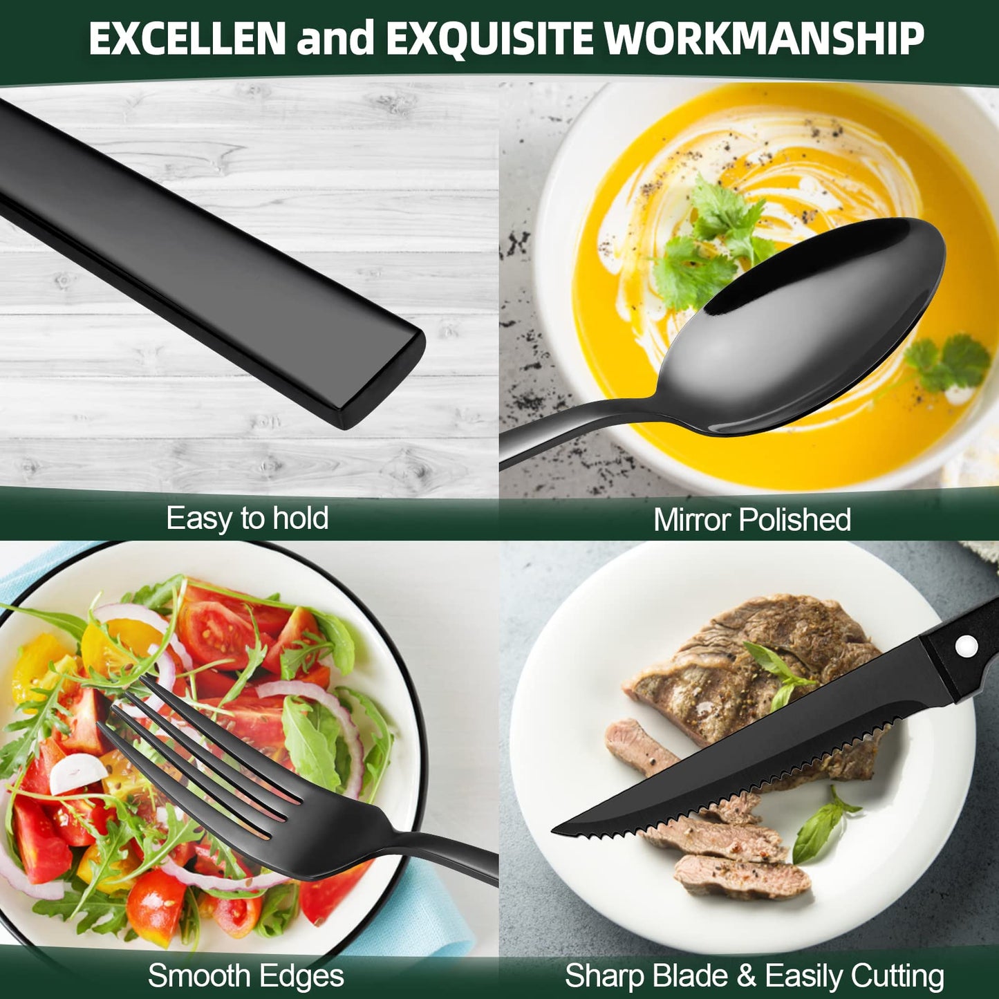 72-Piece Stainless Steel Black Silverware Set - CEKEE Flatware Kitchen Utensils Set, Cutlery Set for Home & Restaurant, Premium Knife Fork Spoon Set with Steak Knives, Heavy Duty & Dishwasher Safe