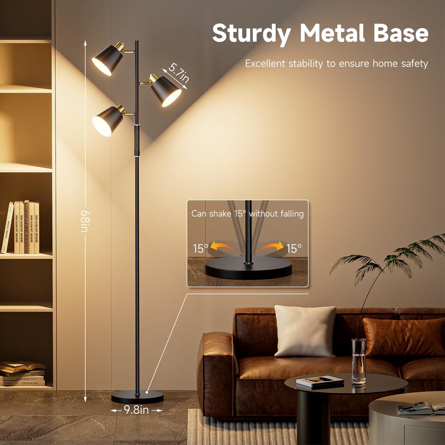 Jeagop LED Tree Floor Lamp, 2500LM Super Bright Standing Lamp with Remote & Touch Control, 4 Color Temperatures, 3 Rotatable Lights, Modern Dimmable Floor Lamps for Living Room Bedroom Office