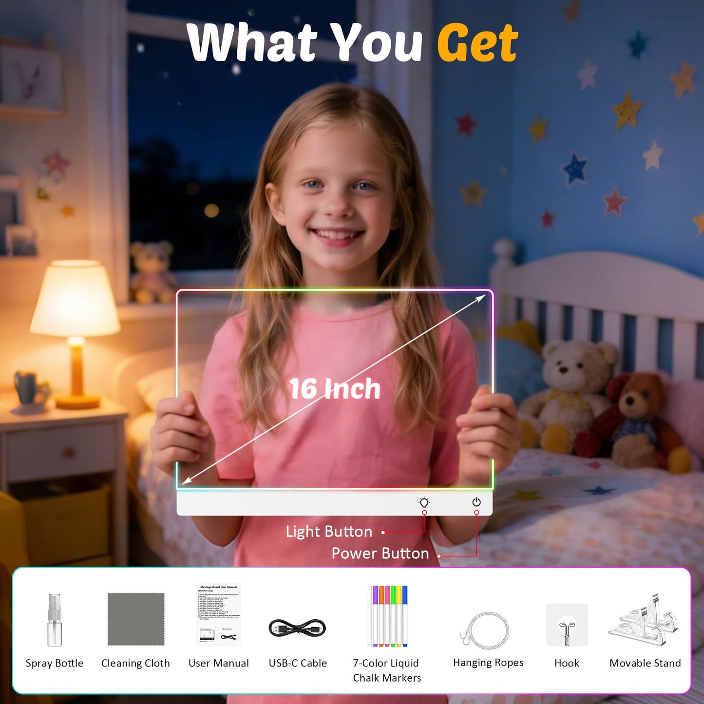 Rechargeable LED Drawing Board for Kids, 16-Inch Light Up Drawing Tablet with 7 Colors & Dimming, Arts Supplies Crafts for Kids Ages 3-8, Birthday Gifts for Girls Boys Age 5-10