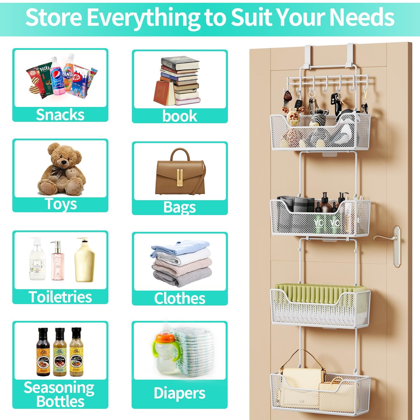 HapiRm Over Door Organizer Storage - Hanging Door Organizer with 4 Metal Large Capacity Baskets and Adjustable Coat Hook for Bathroom Bedroom Kitchen Pantry Closet Cabinet