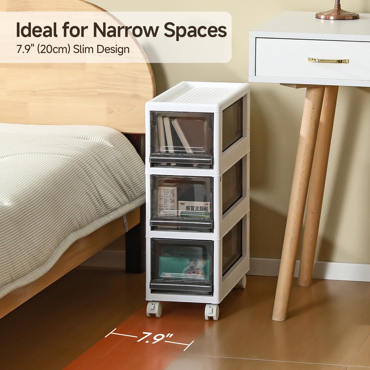 Sunamon Plastic 3 Drawer Storage Organizer, Narrow Plastic Storage Drawers with Wheels, Storage Cart with Drawers for Small and Narrow Space, 7.87-inch Wide (white)