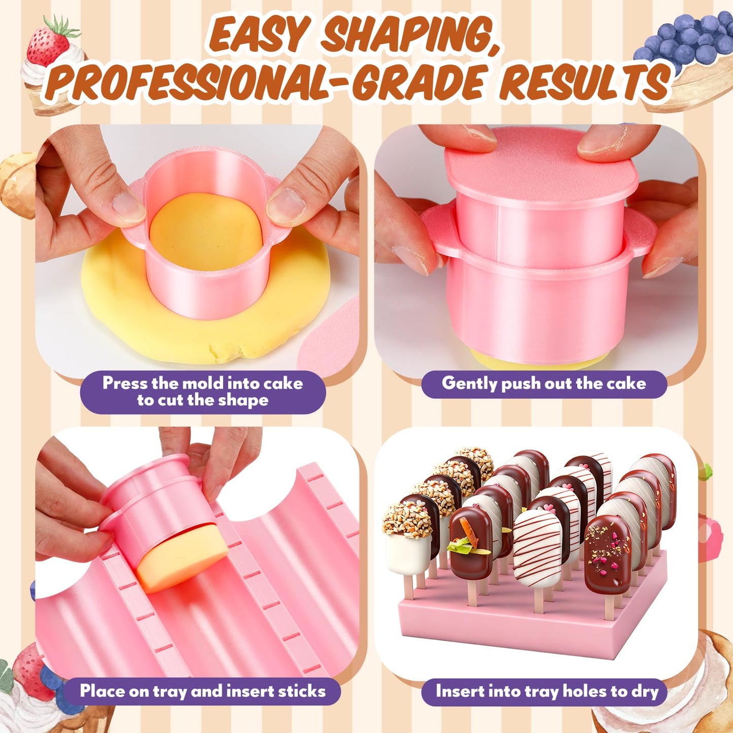 Yiyiring 1 Set Cutter, Cake Pop Mold, Cake Pop Cutter and Pusher Press Set with Tray and 3 Types of Packaging Accessories, Baking Tools for Home, Birthday, Parties, Wedding Desserts(2 Pcs,Cakesicle)