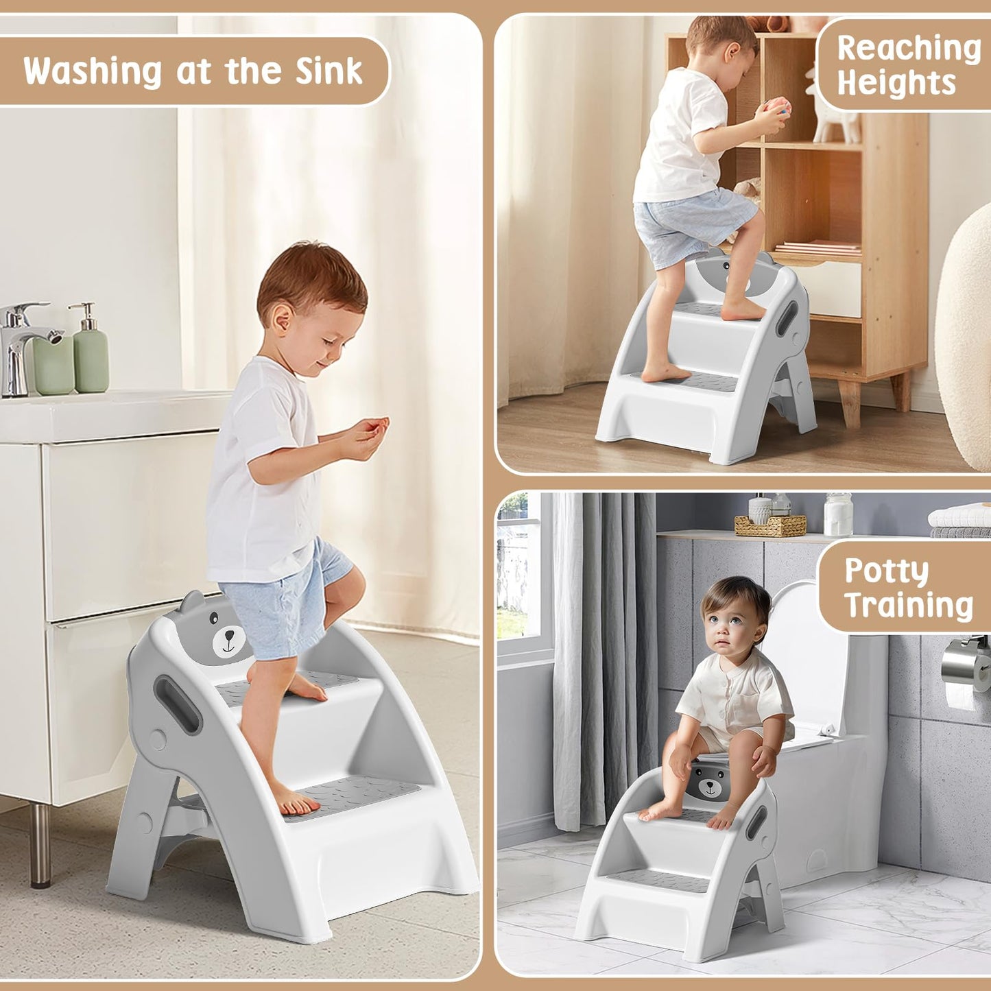 TPN Toddler Step Stool for Bathroom Sink and Potty Training Durable Anti-Slip,Anti-Tip A-Frame,10-Second Assembly, 2-Step Potty Stool with Wide Steps (Gray)