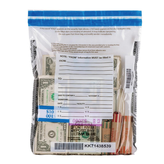 BankSupplies Ultima Blue Tamper-Evident Clear Deposit Bags 9W x 12H Pack of 100 with Advanced Security Detection Features