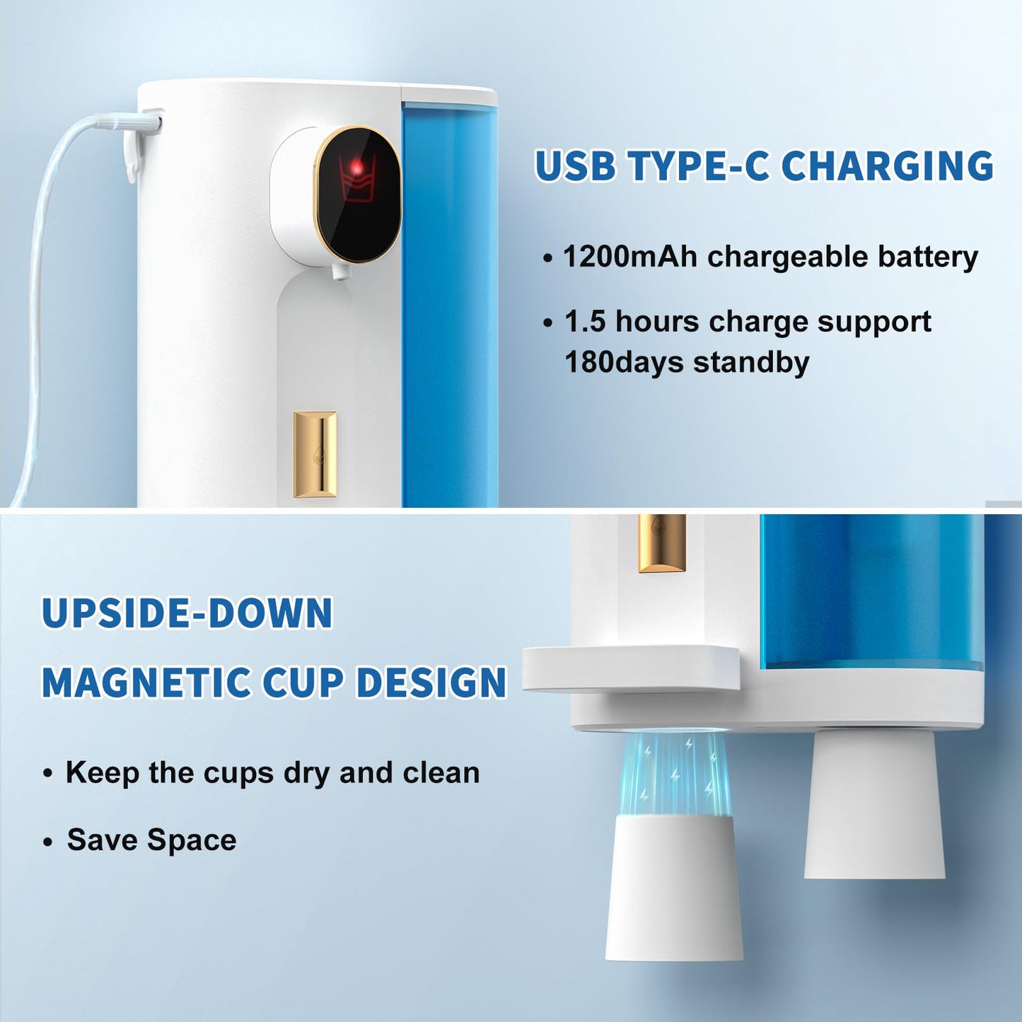 Automatic Mouthwash Dispenser 20.3 oz Touchless for Bathroom, 4 Dispensing Levels, Magnetic Cup, USB Rechargeable, Wall/Countertop, Kids Adults - Bathroom Accessories
