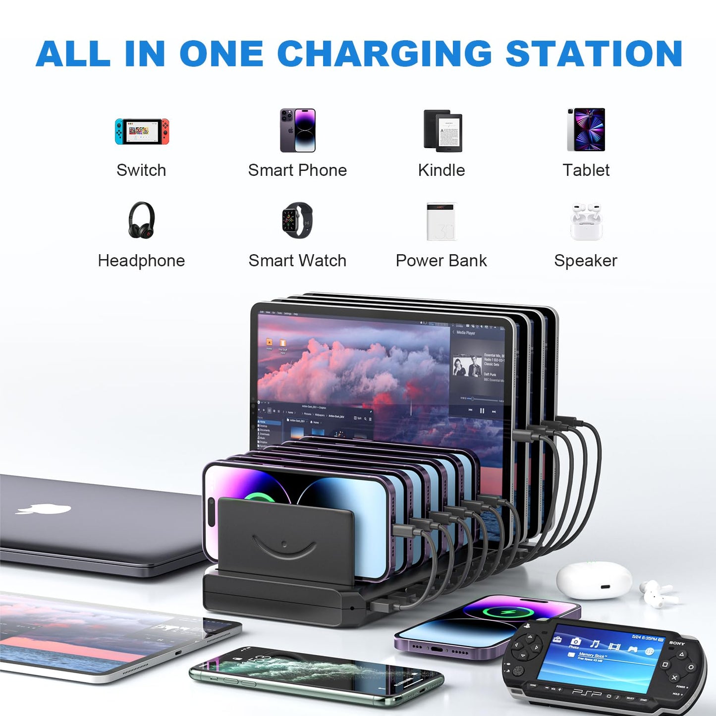 Charging Station for Multiple Devices, Cinlinso 60W 10 Port USB Fast Charging Station with Adjustable Dividers, Compatible with iPhone, iPad, Tablets and Cell Phone (Black)