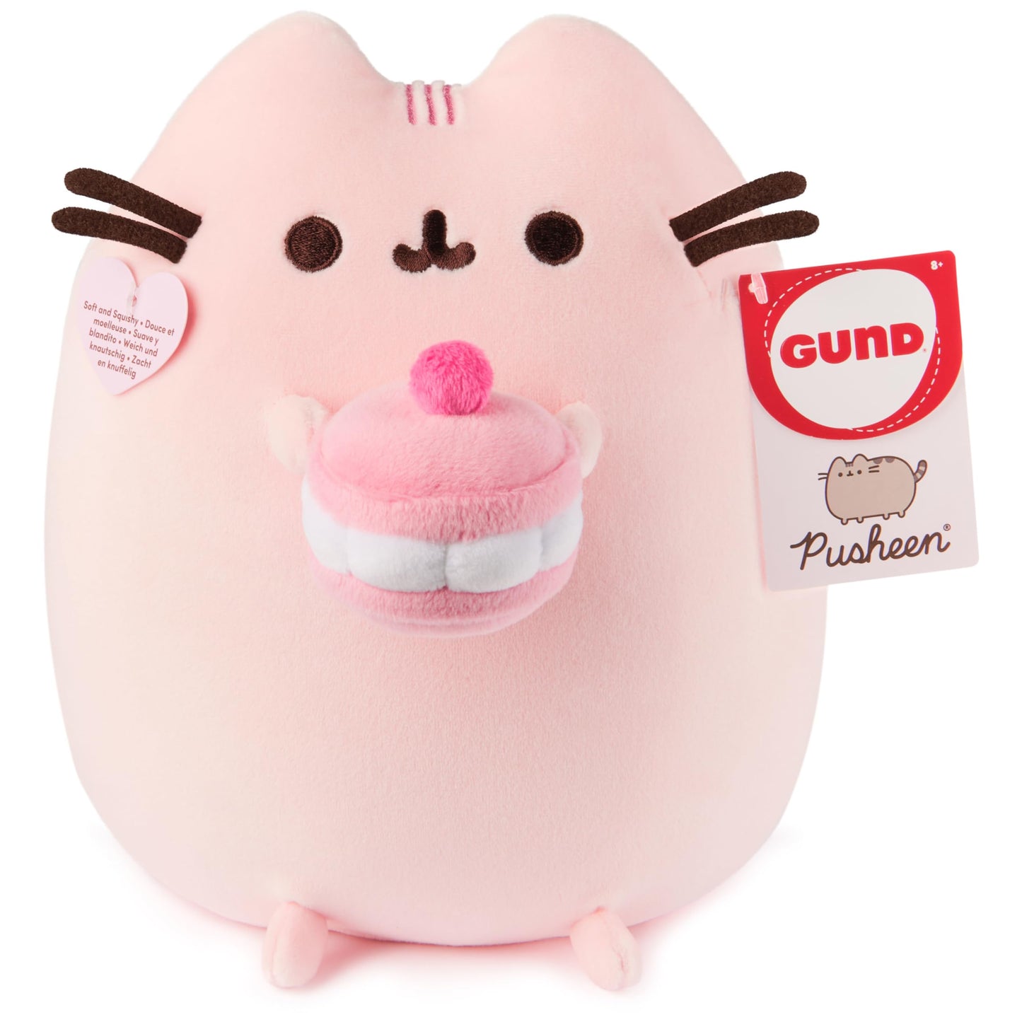 GUND Pusheen Cherry Macaron Squisheen Plush, Squishy Toy, Collectible Dessert Food Toy, Cat Stuffed Animal for Ages 8 and Up, Pink, 9.5”